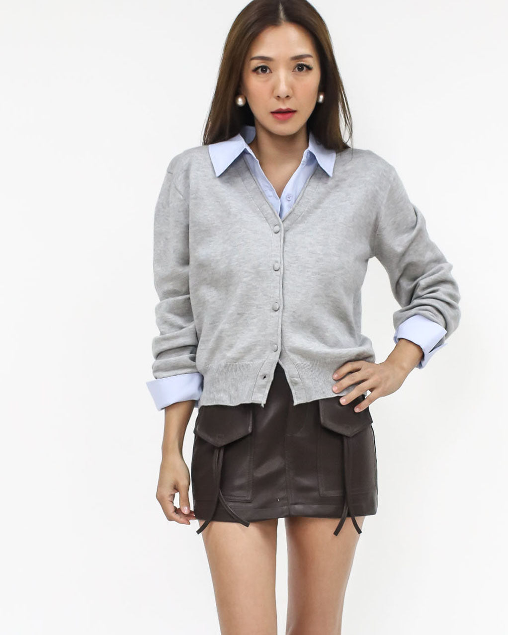 grey knitted & blue shirt collar cuffs cardigan *pre-order*