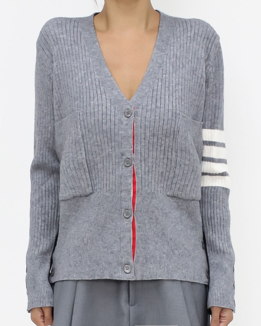 grey & navy w/ ivory stripes sleeves knitted cardigan *pre-order*