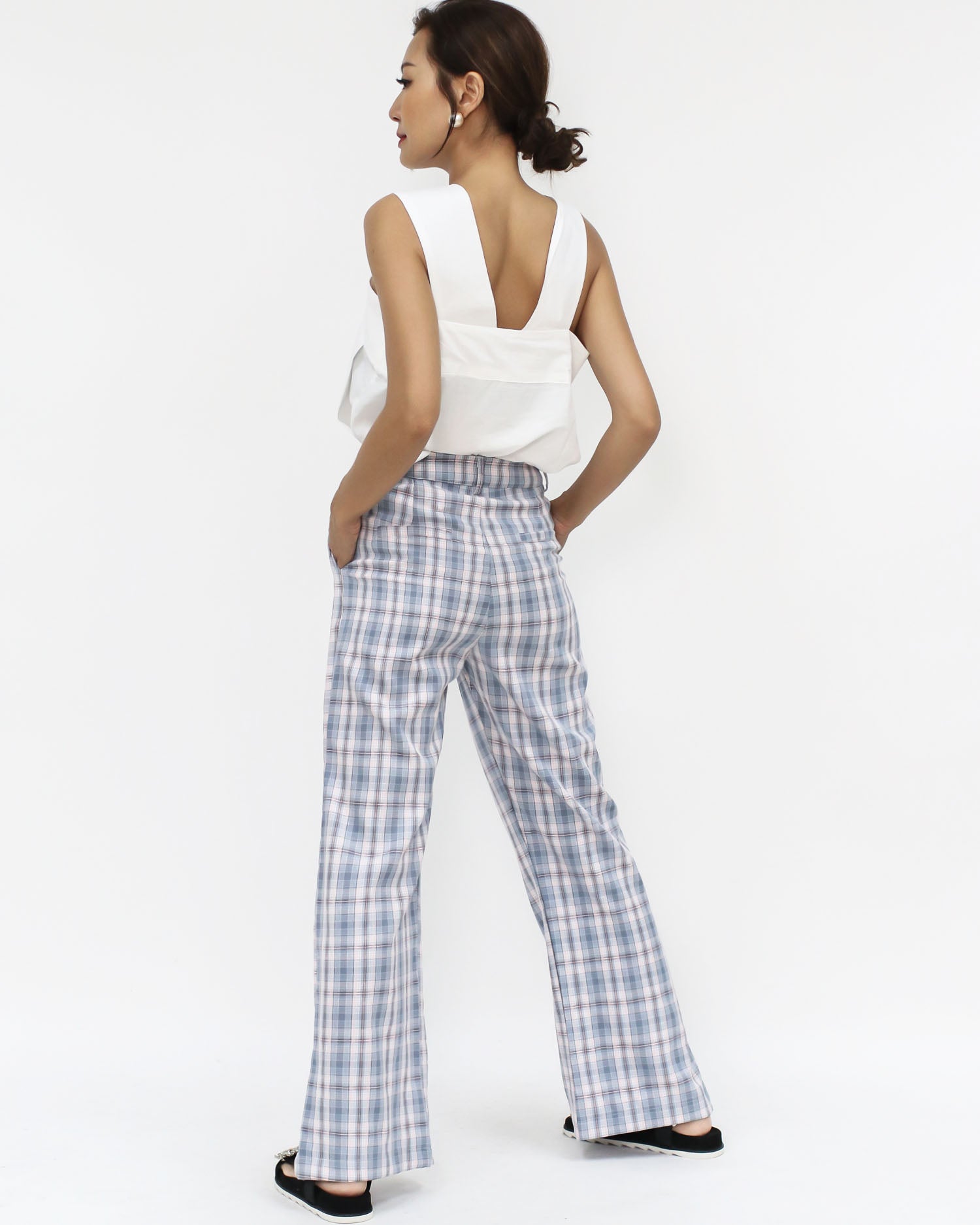 blue checkers split sides straight pants - S