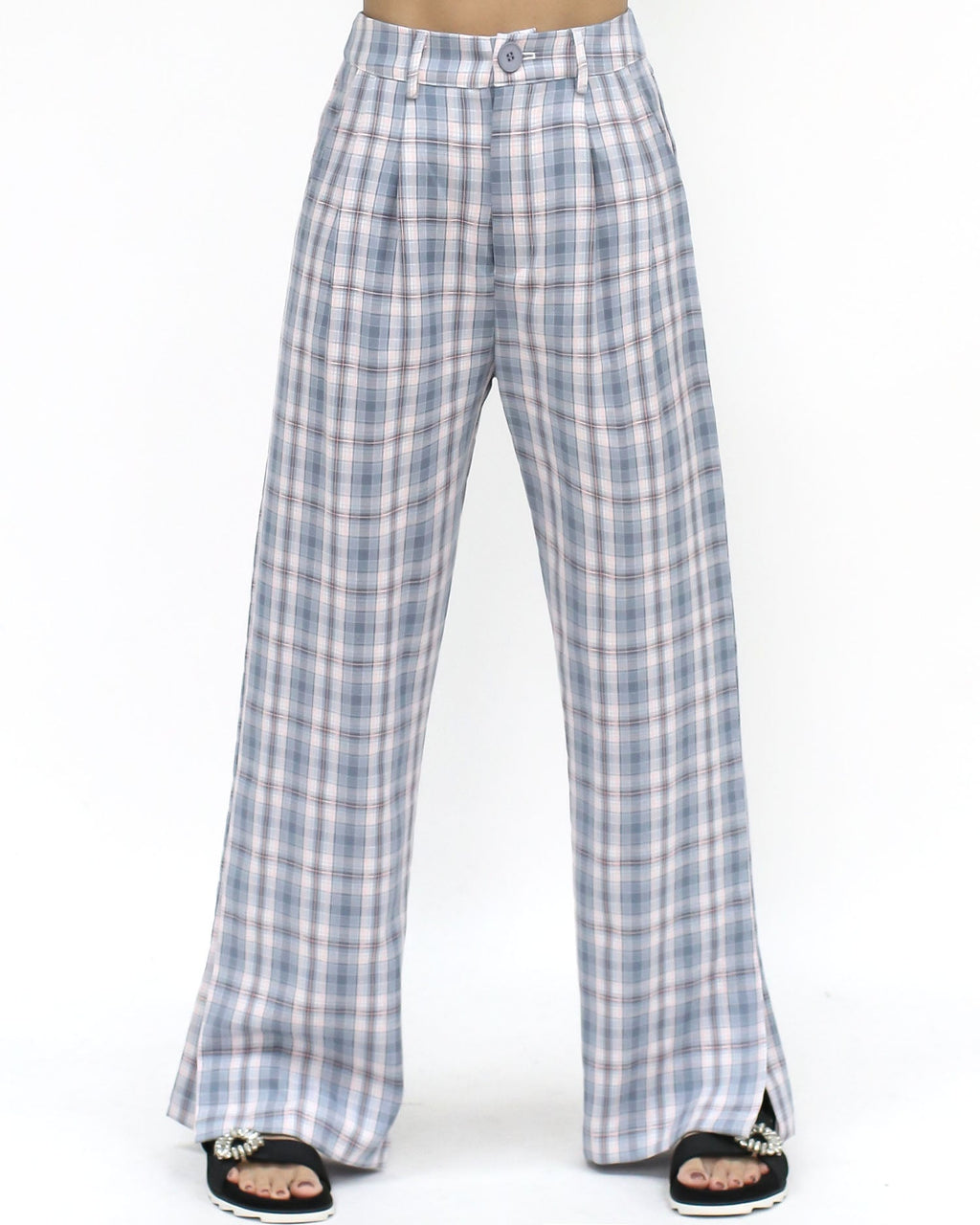 blue checkers split sides straight pants - S