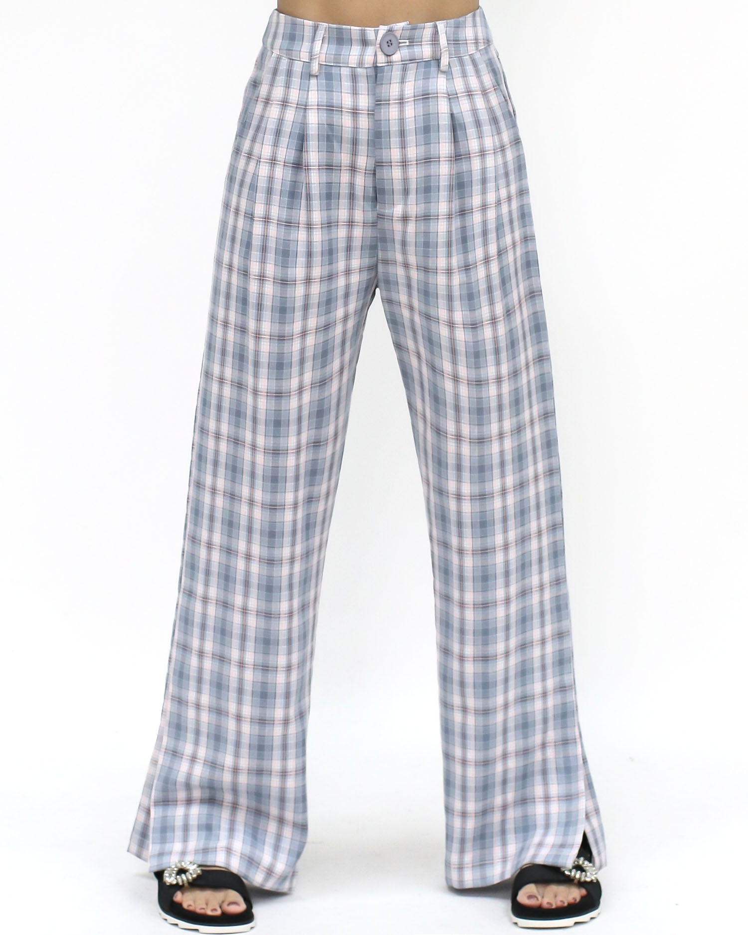 blue checkers split sides straight pants - S
