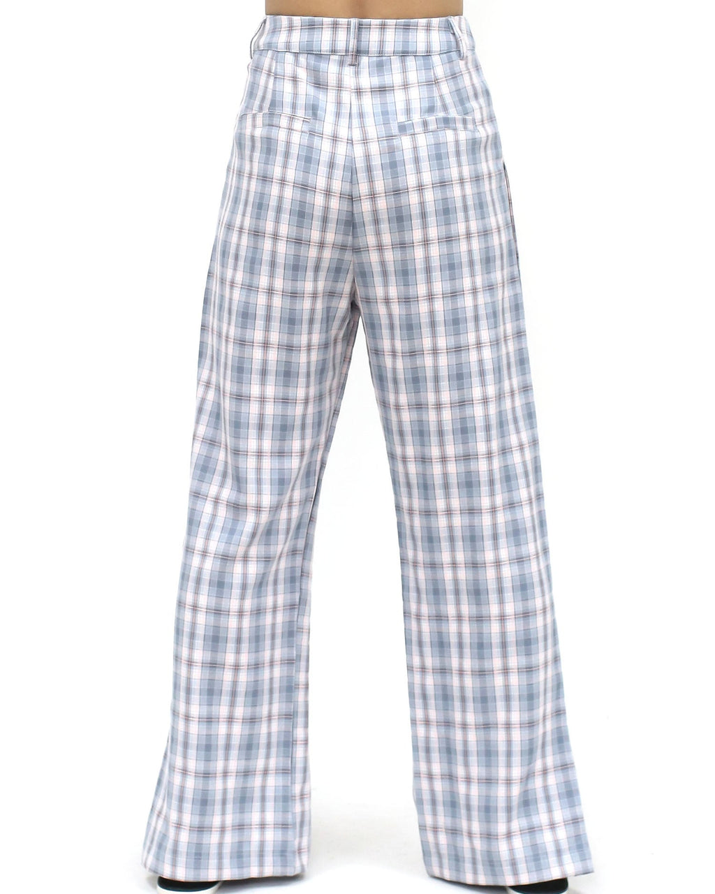 blue checkers split sides straight pants - S