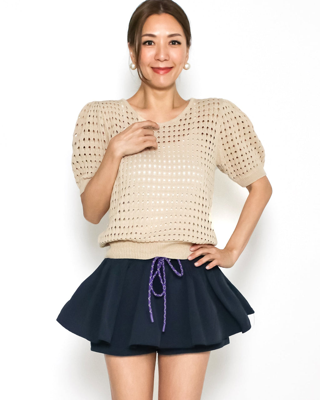 Beige cage fine knitted puff sleeves top