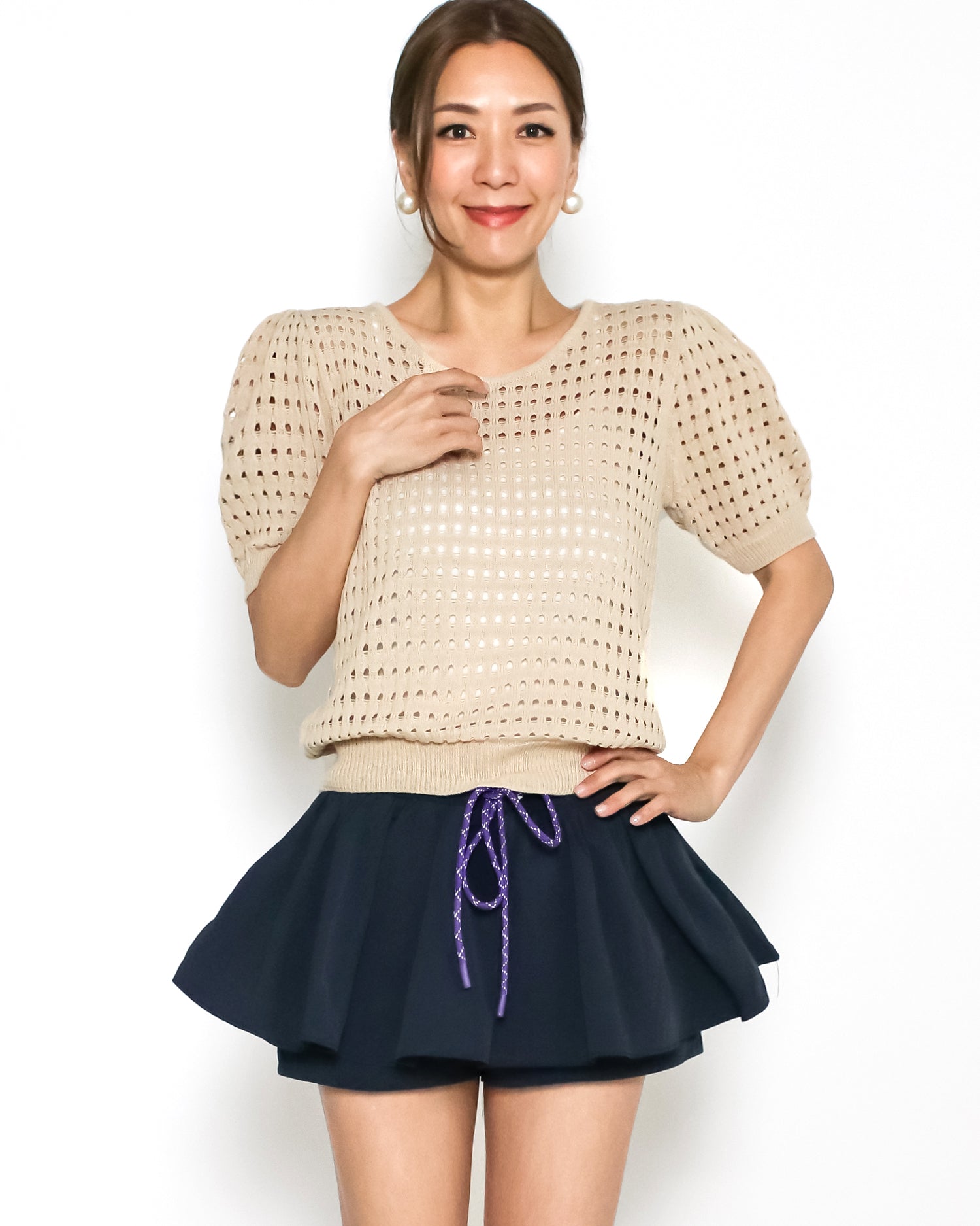 Beige cage fine knitted puff sleeves top