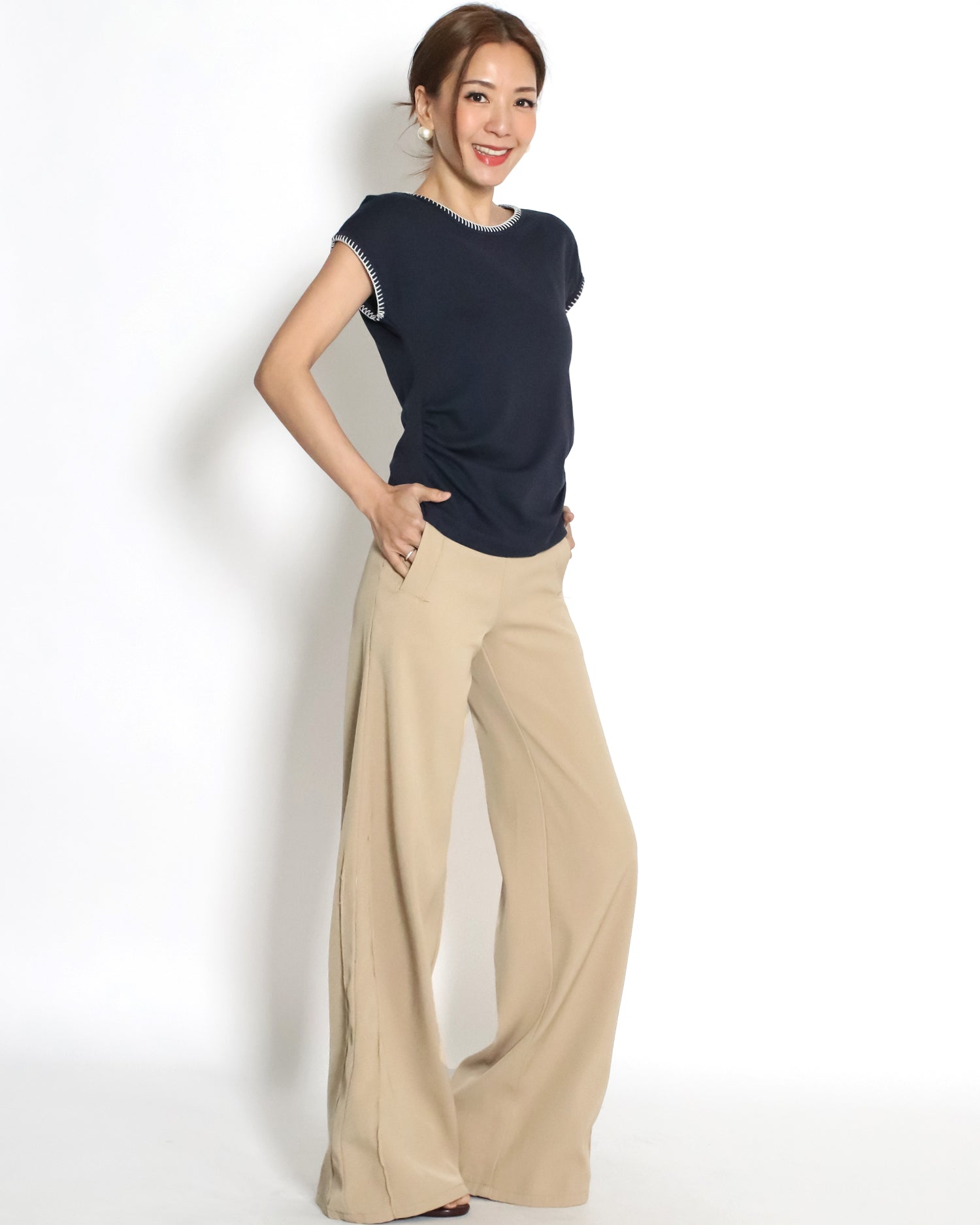 beige low rise cotton straight leg pants *pre-order