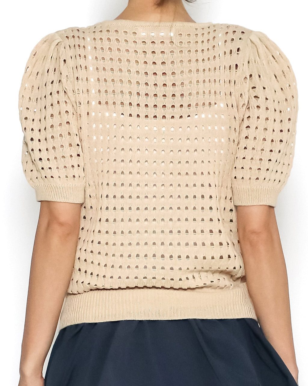 Beige cage fine knitted puff sleeves top