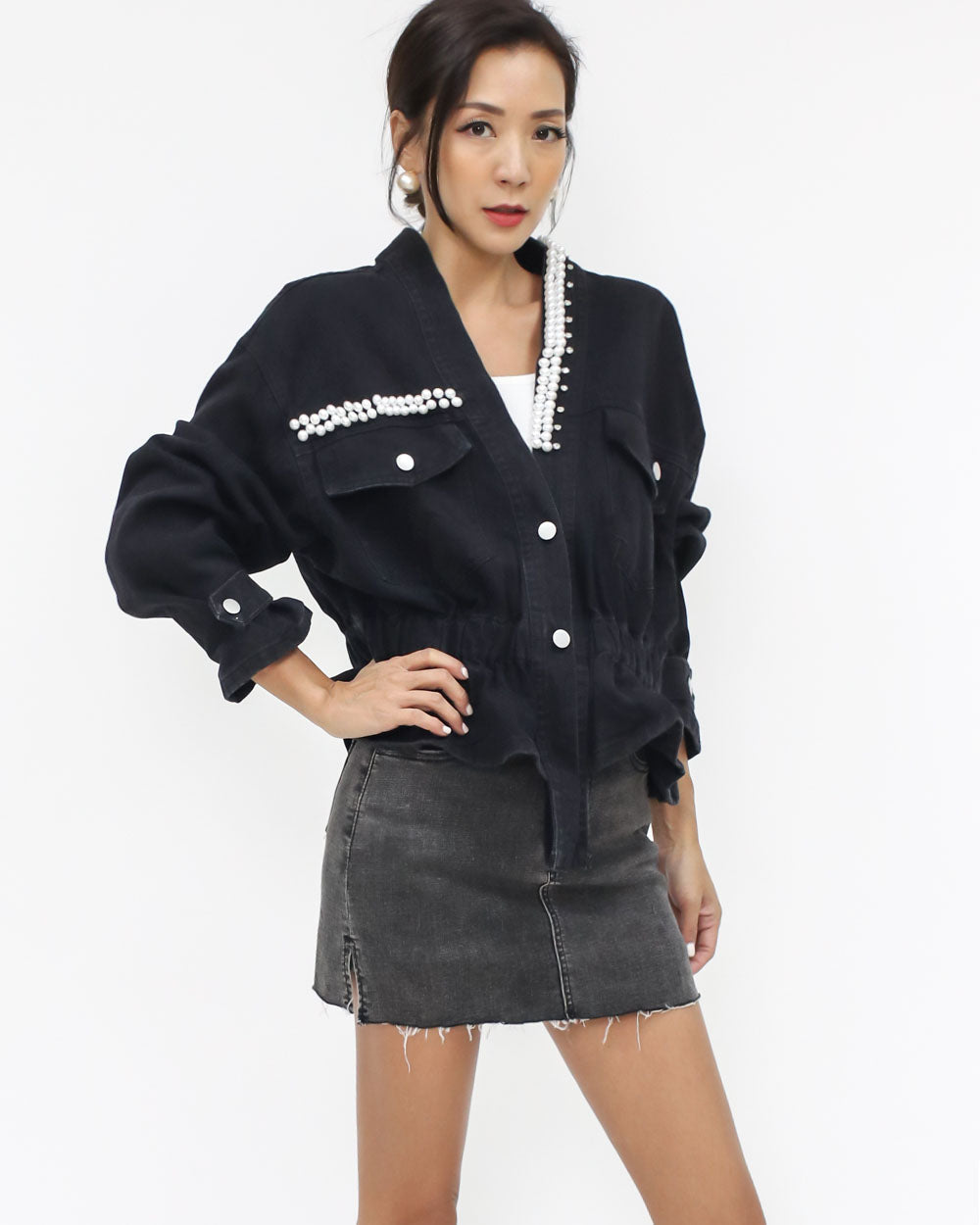 black denim pearls & diamonds studs jacket *pre-order*