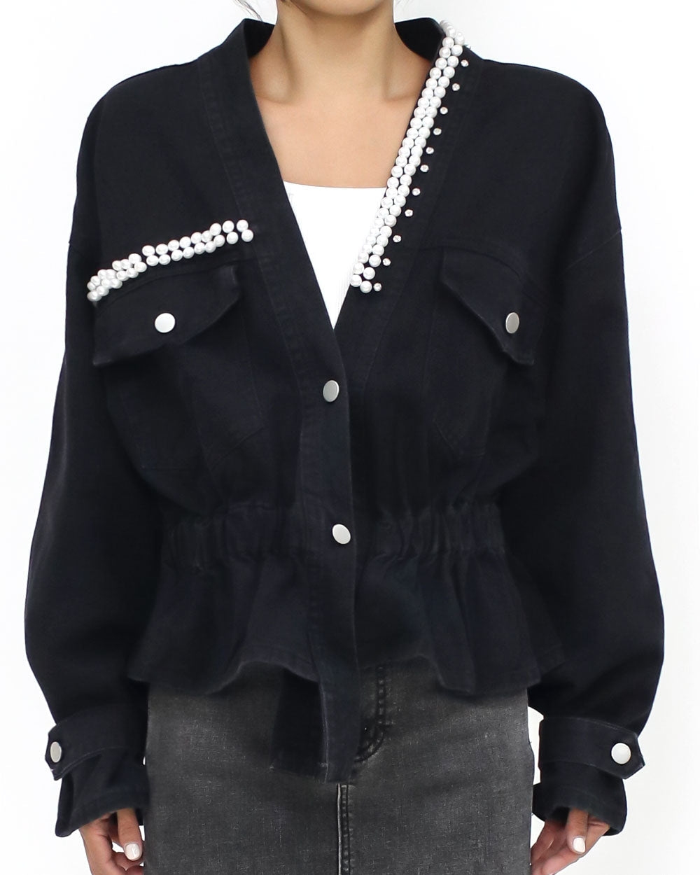 black denim pearls & diamonds studs jacket *pre-order*