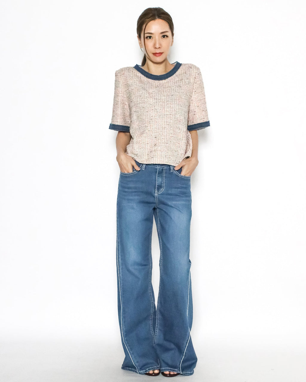 pink tweed w/ denim trim top *pre-order*