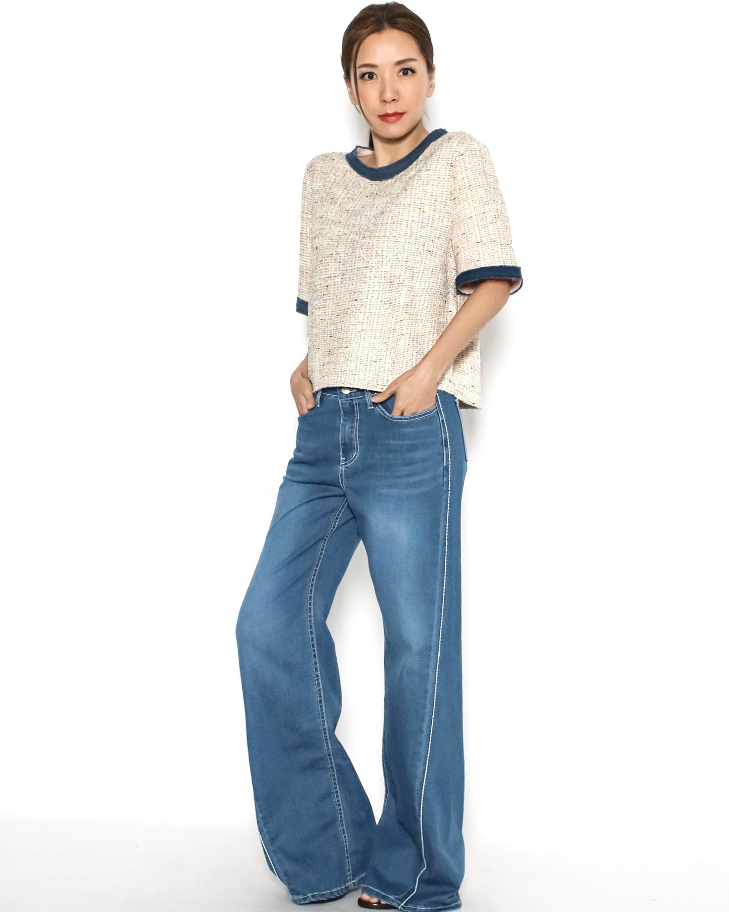 pink tweed w/ denim trim top *pre-order*