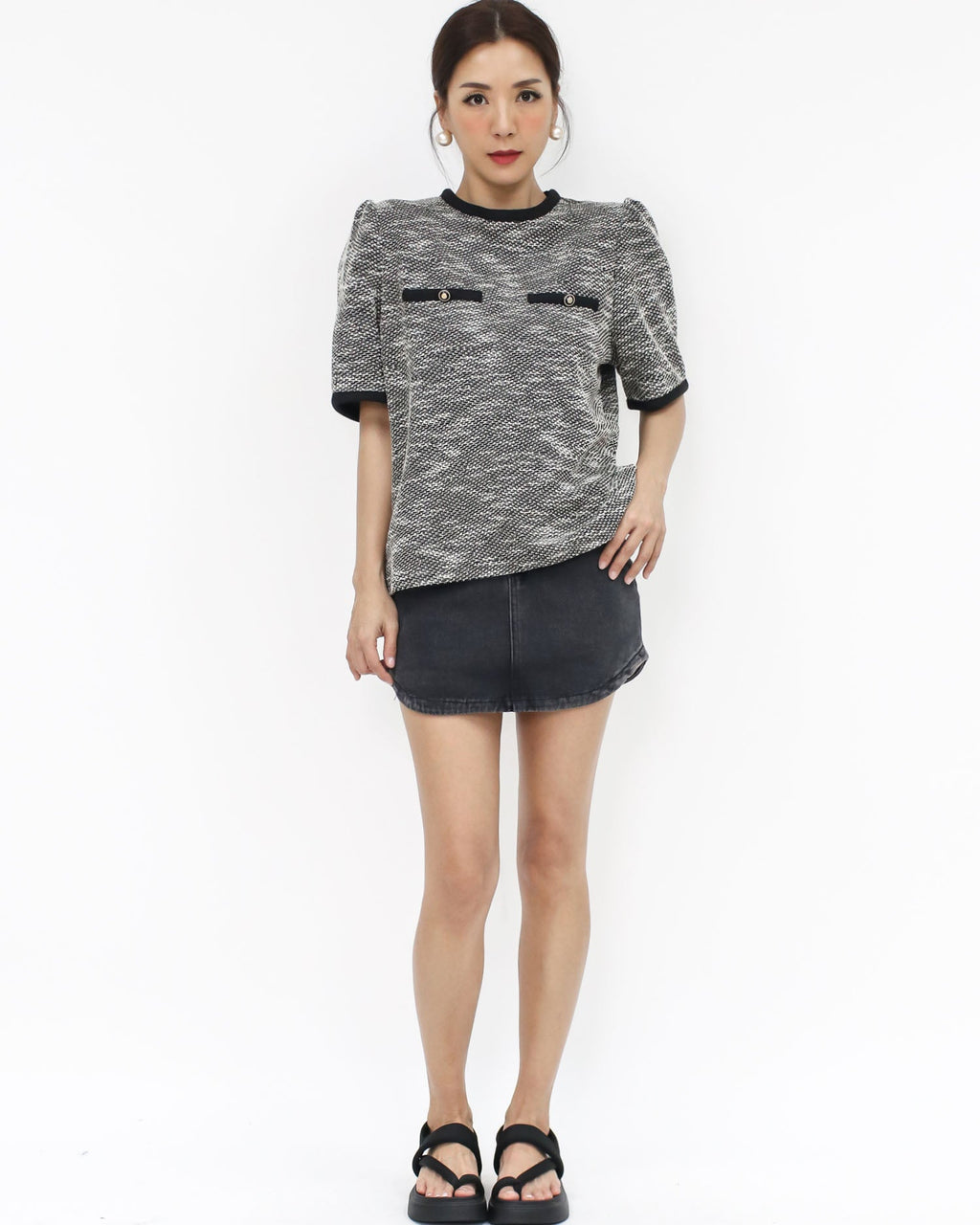 dark grey washed denim curve hem skort S / L