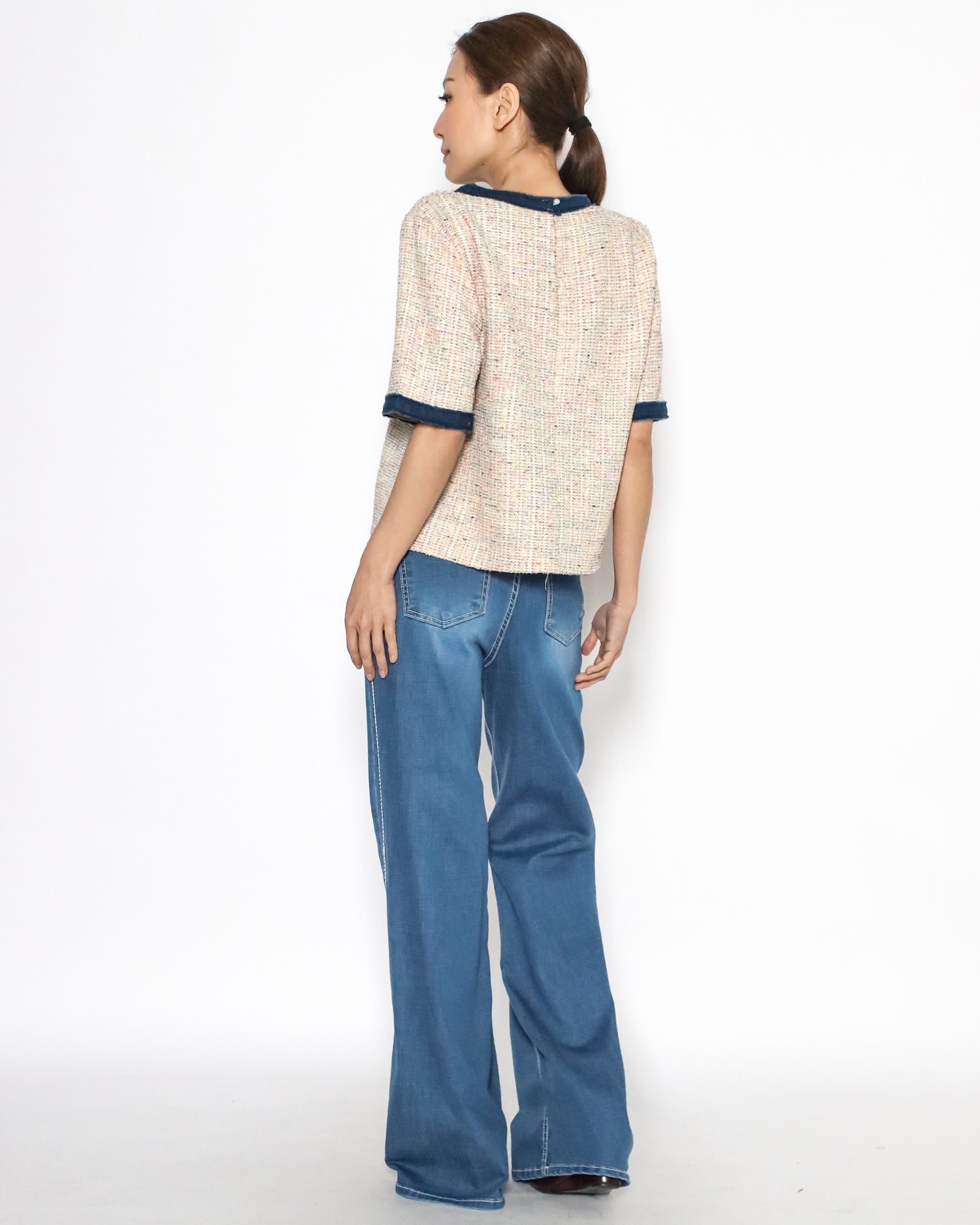 pink tweed w/ denim trim top *pre-order*