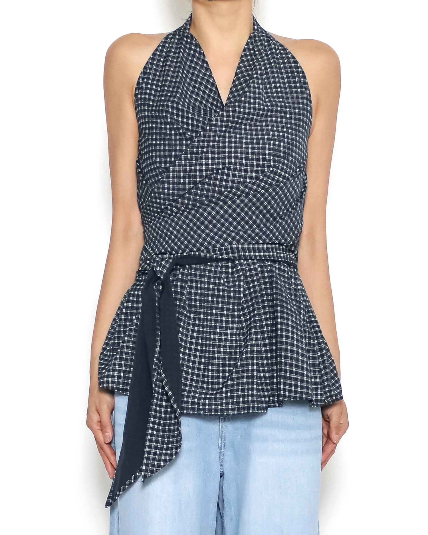 navy w/ ivory checkers wrap halter shirt vest *pre-order*