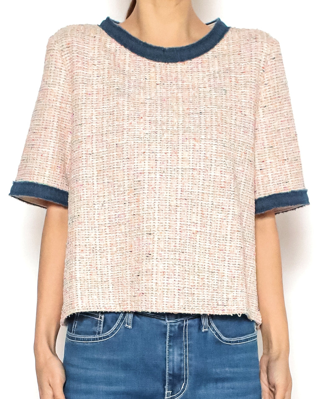 pink tweed w/ denim trim top *pre-order*