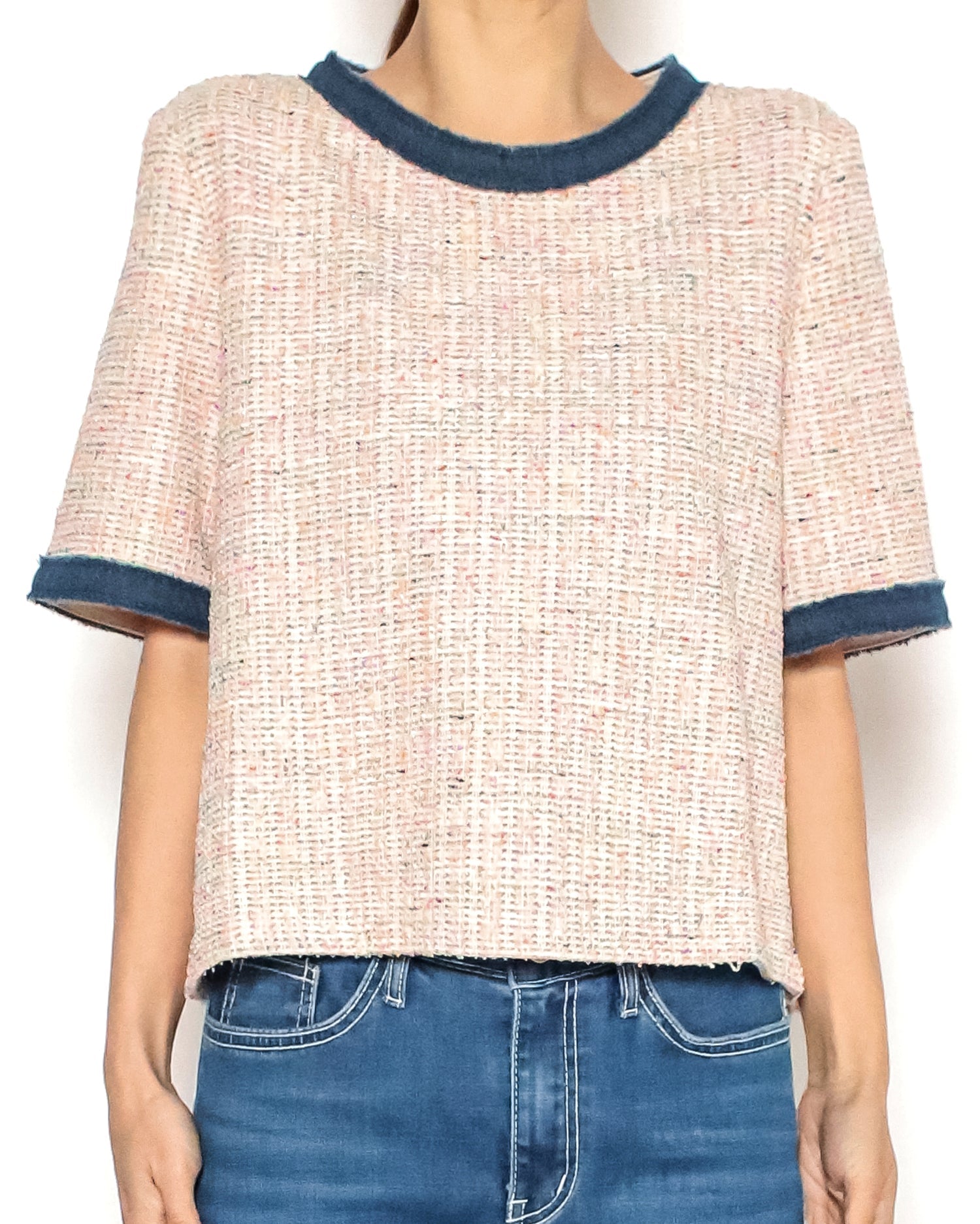 pink tweed w/ denim trim top *pre-order*