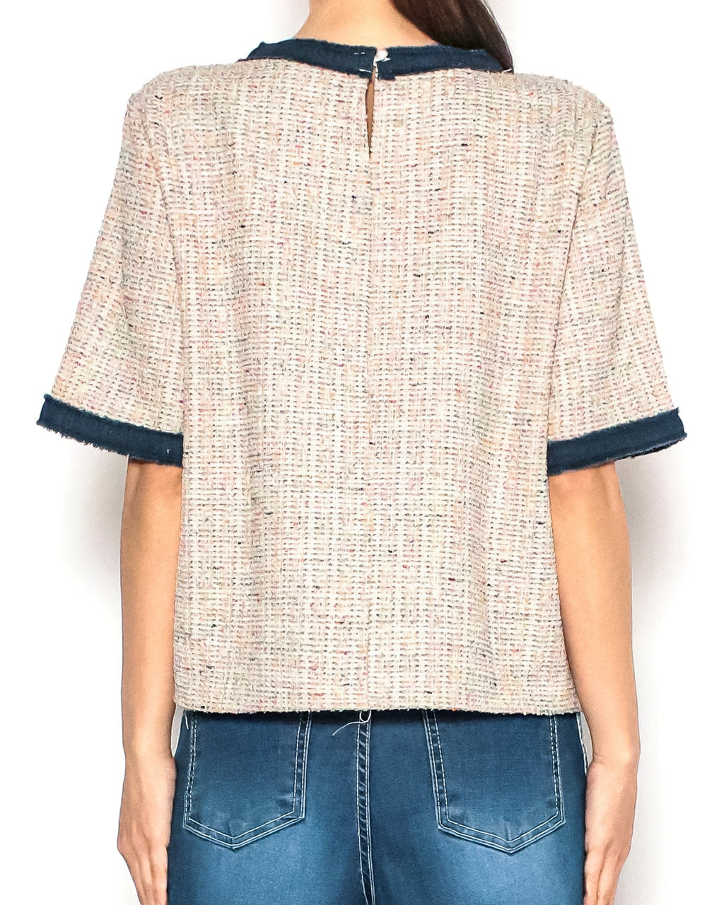 pink tweed w/ denim trim top *pre-order*