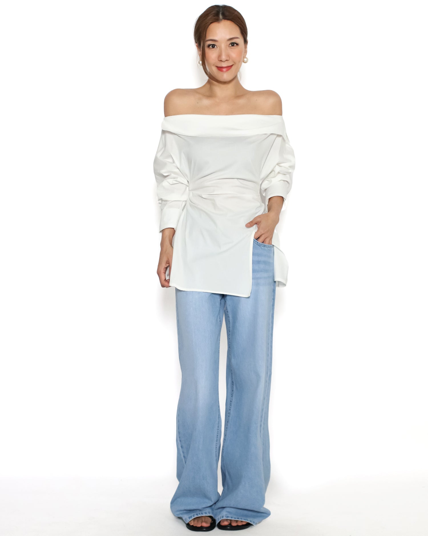 ivory asymmetric hem off shoulder shirt