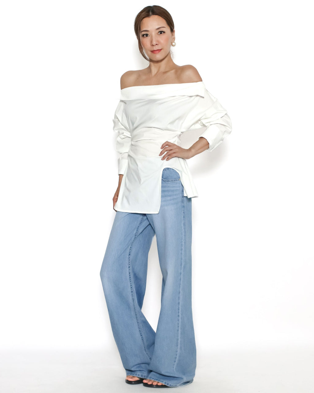ivory asymmetric hem off shoulder shirt