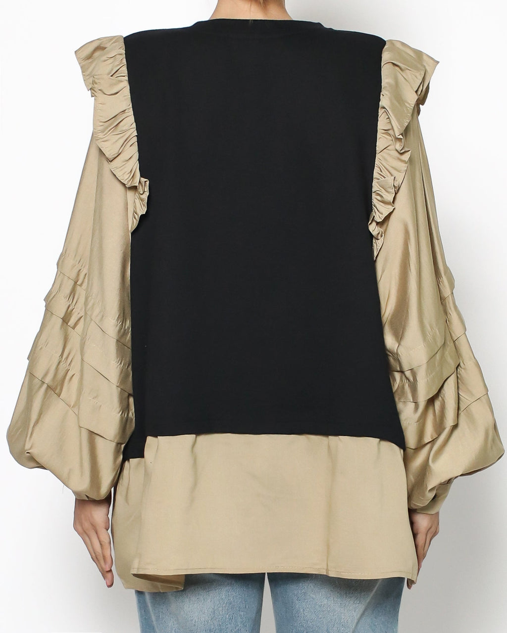 black knitted & beige silky puff sleeves top *pre-order*