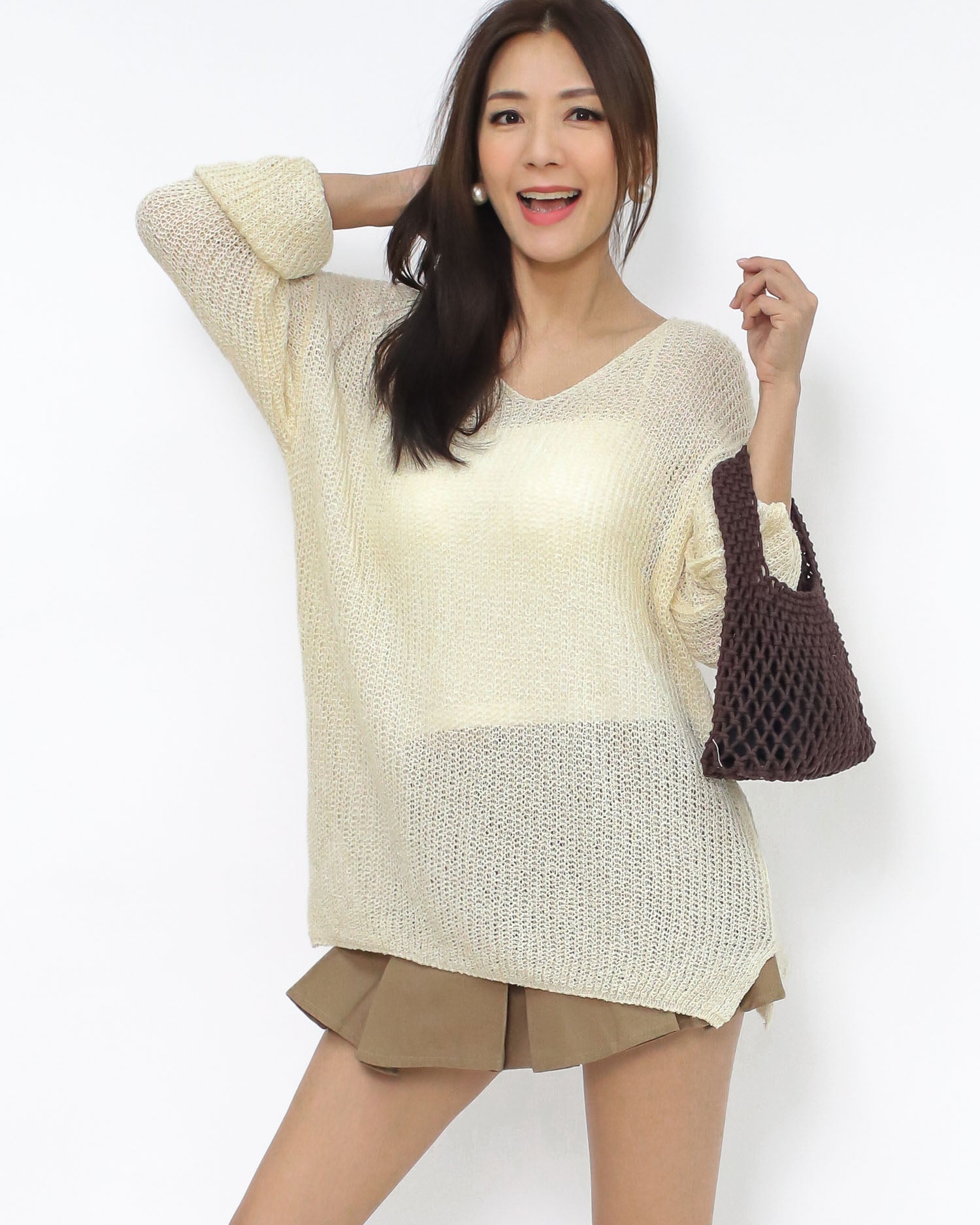 beige V neck summer knitted top *pre-order*