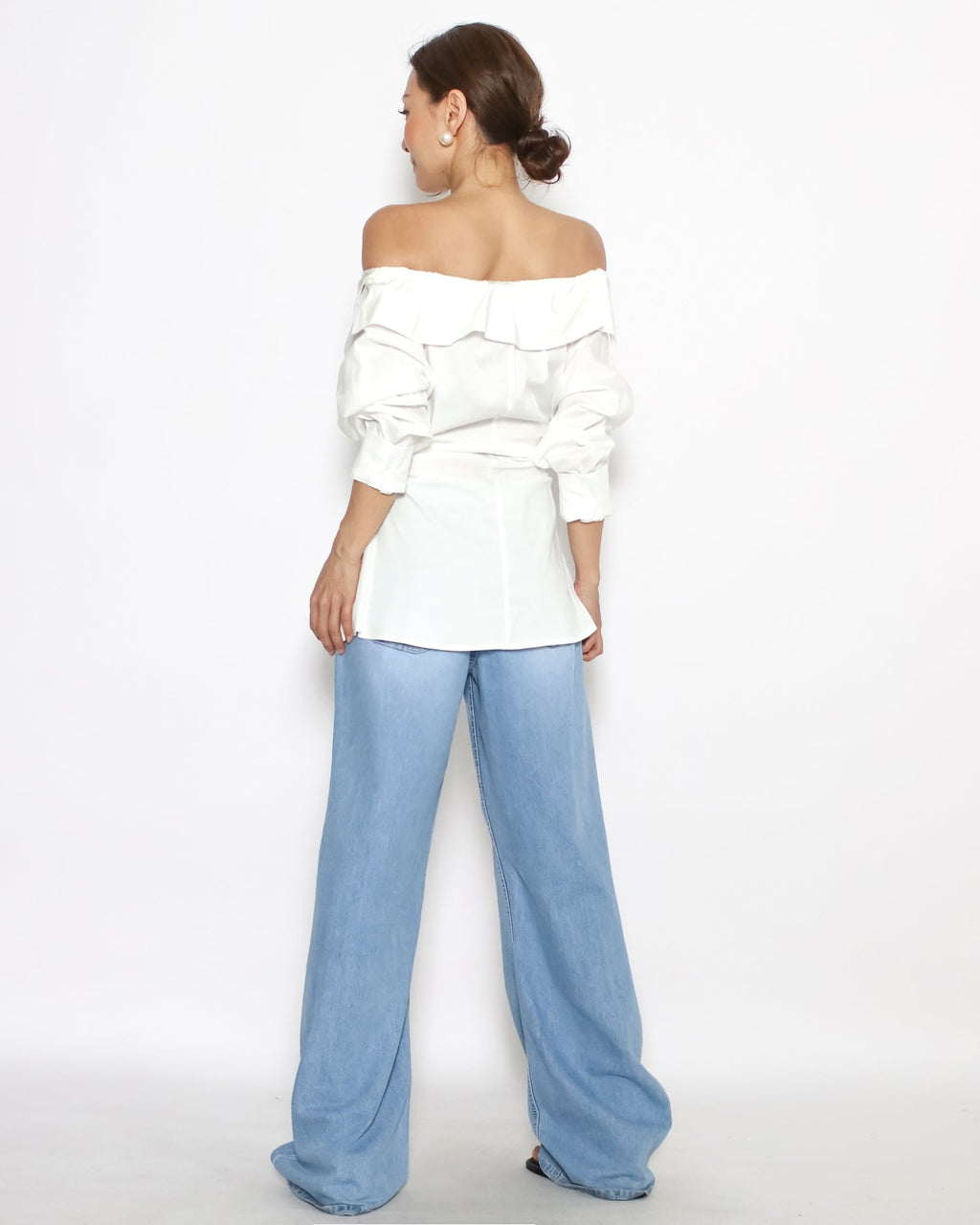 ivory asymmetric hem off shoulder shirt