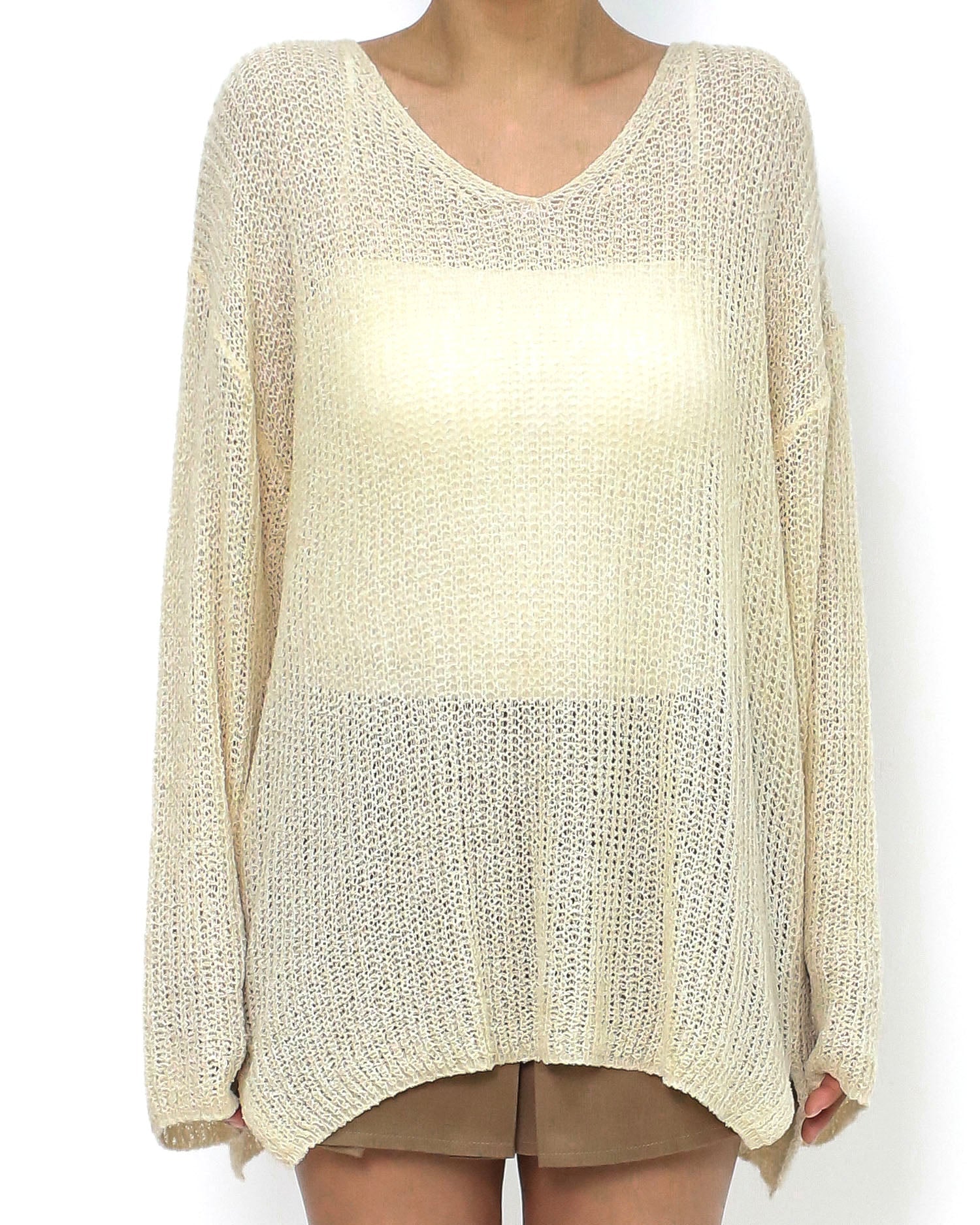 beige V neck summer knitted top *pre-order*