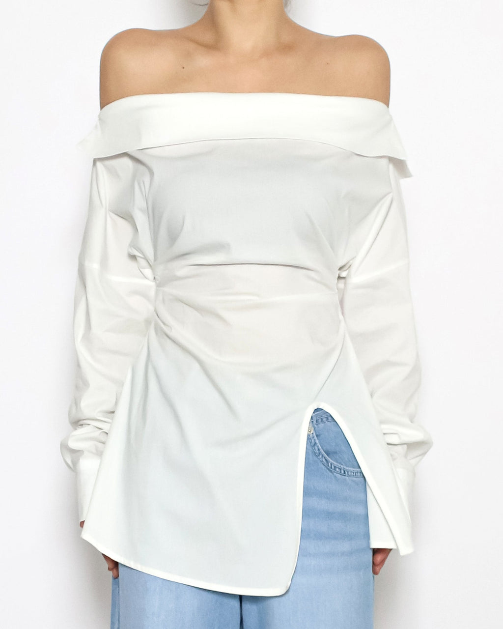 ivory asymmetric hem off shoulder shirt