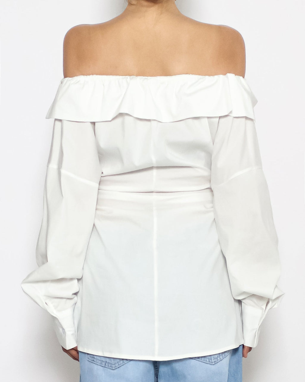 ivory asymmetric hem off shoulder shirt