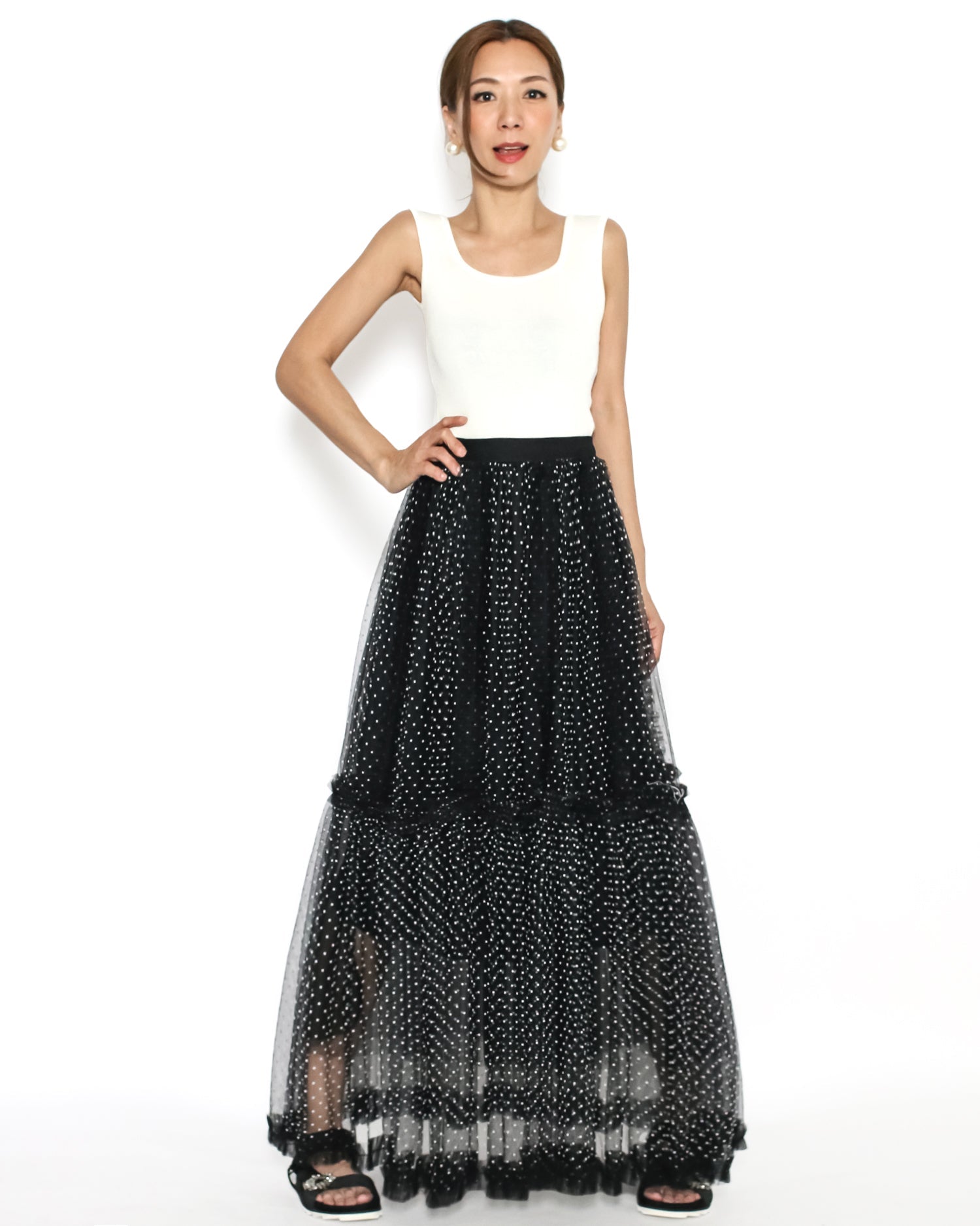 black & ivory polka dots mesh longline skirt *pre-order*