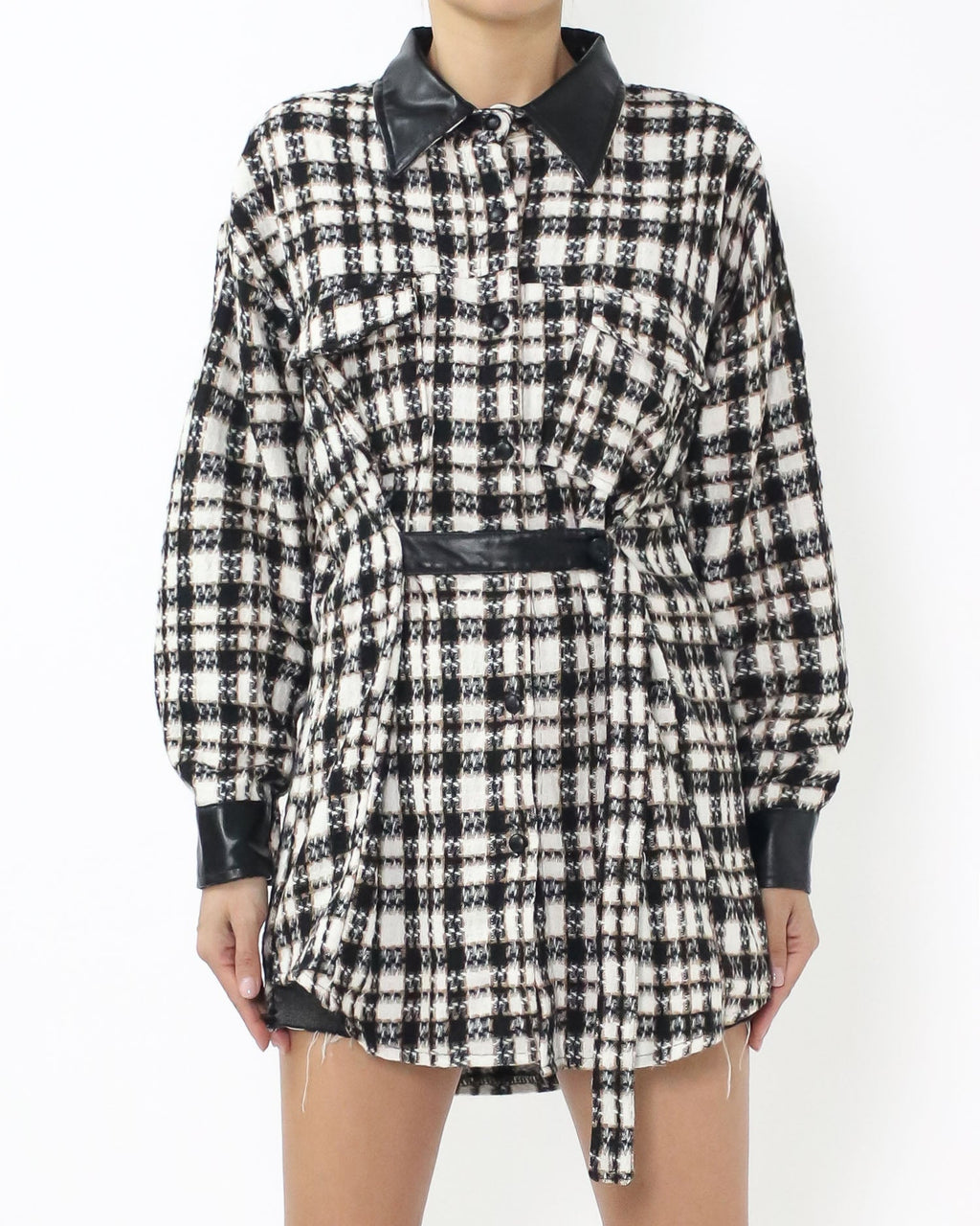 black & ivory checkers w/ PU leather contrast tweed shirt *pre-order*