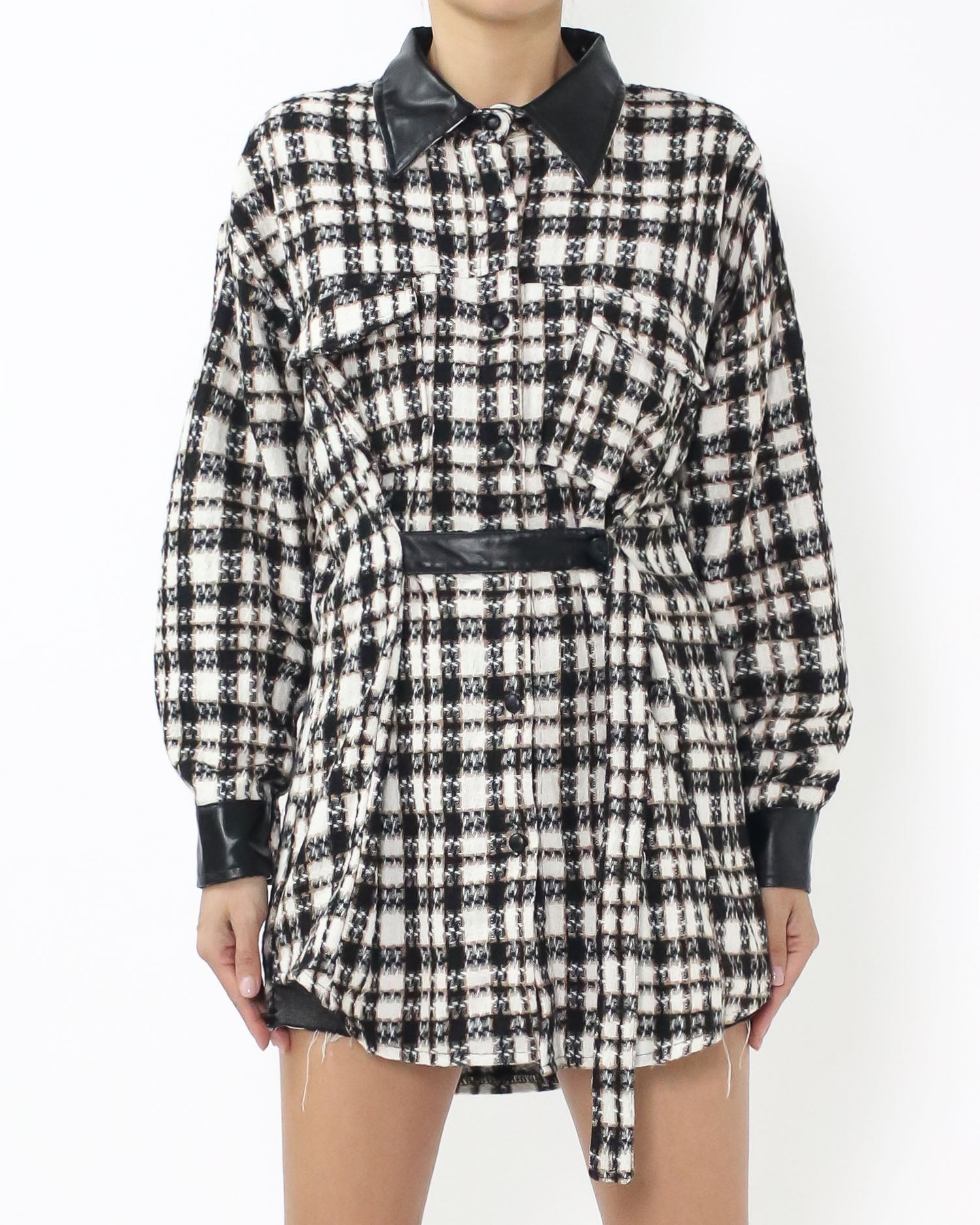 black & ivory checkers w/ PU leather contrast tweed shirt *pre-order*