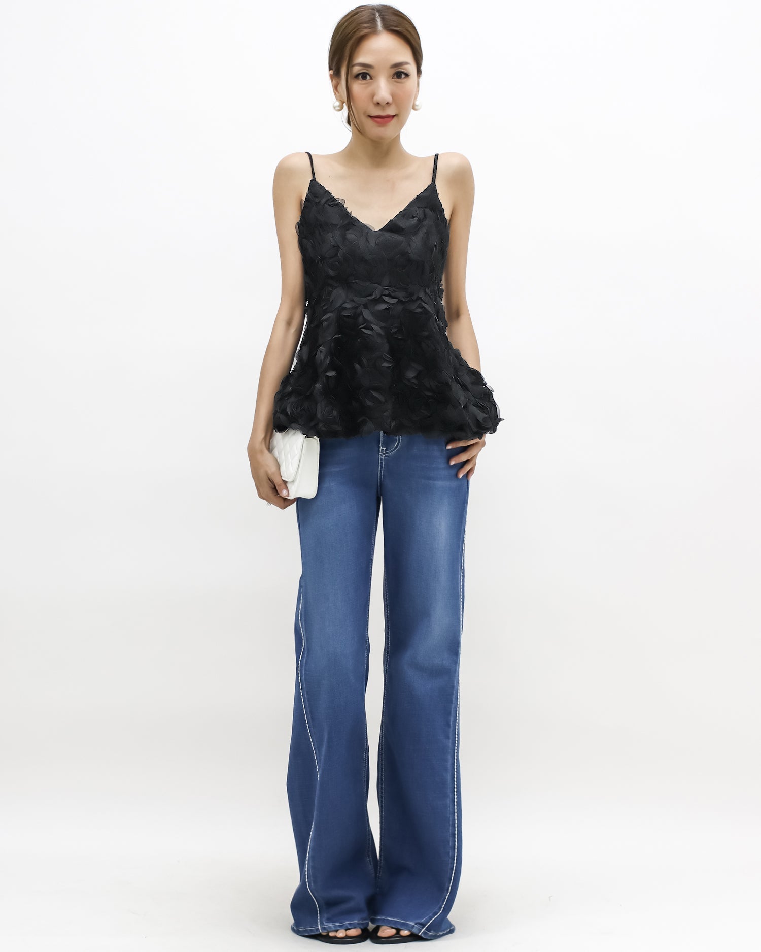 black mesh flowers strappy flare vest *pre-order*