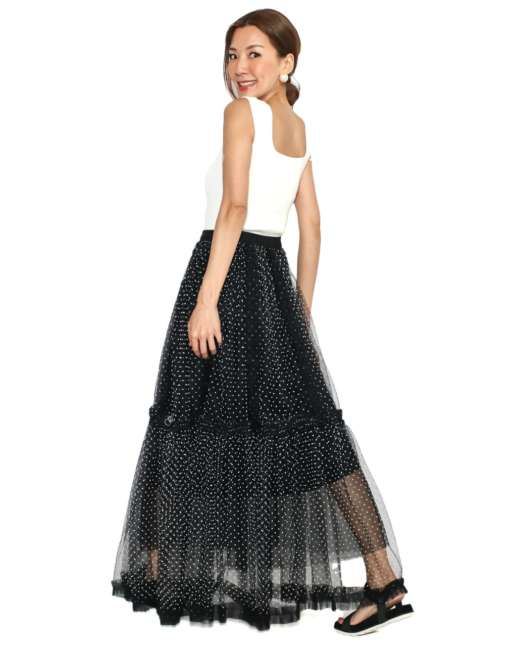 black & ivory polka dots mesh longline skirt *pre-order*