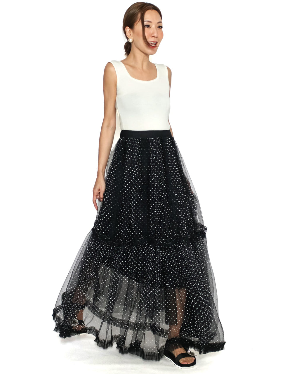 black & ivory polka dots mesh longline skirt *pre-order*