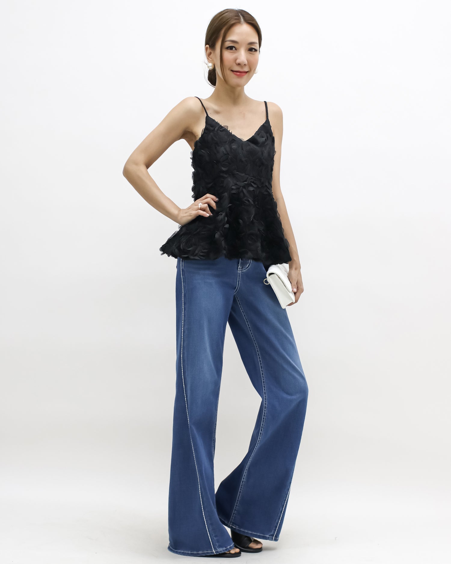 black mesh flowers strappy flare vest *pre-order*