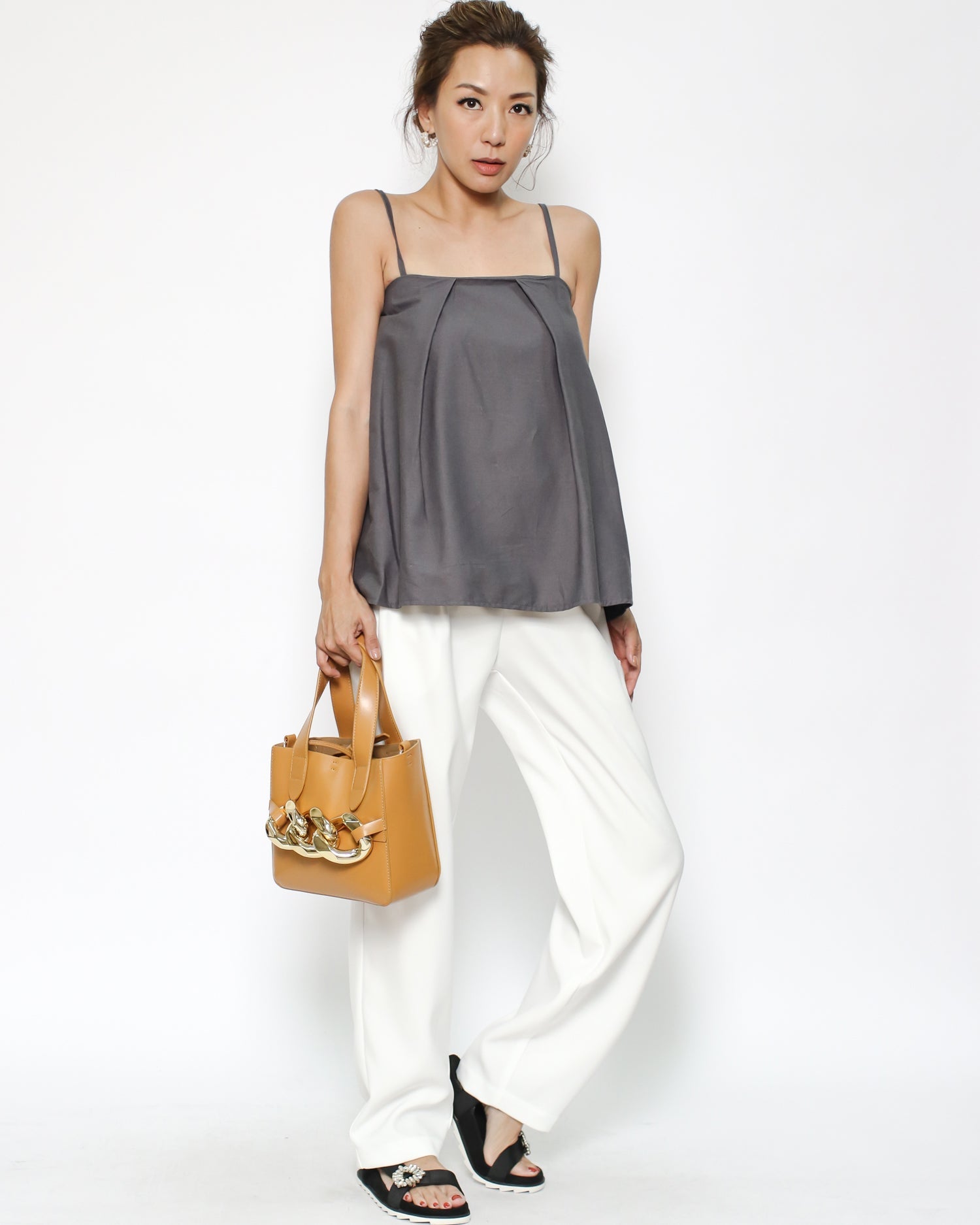 ivory crepe pleats straight pants - M