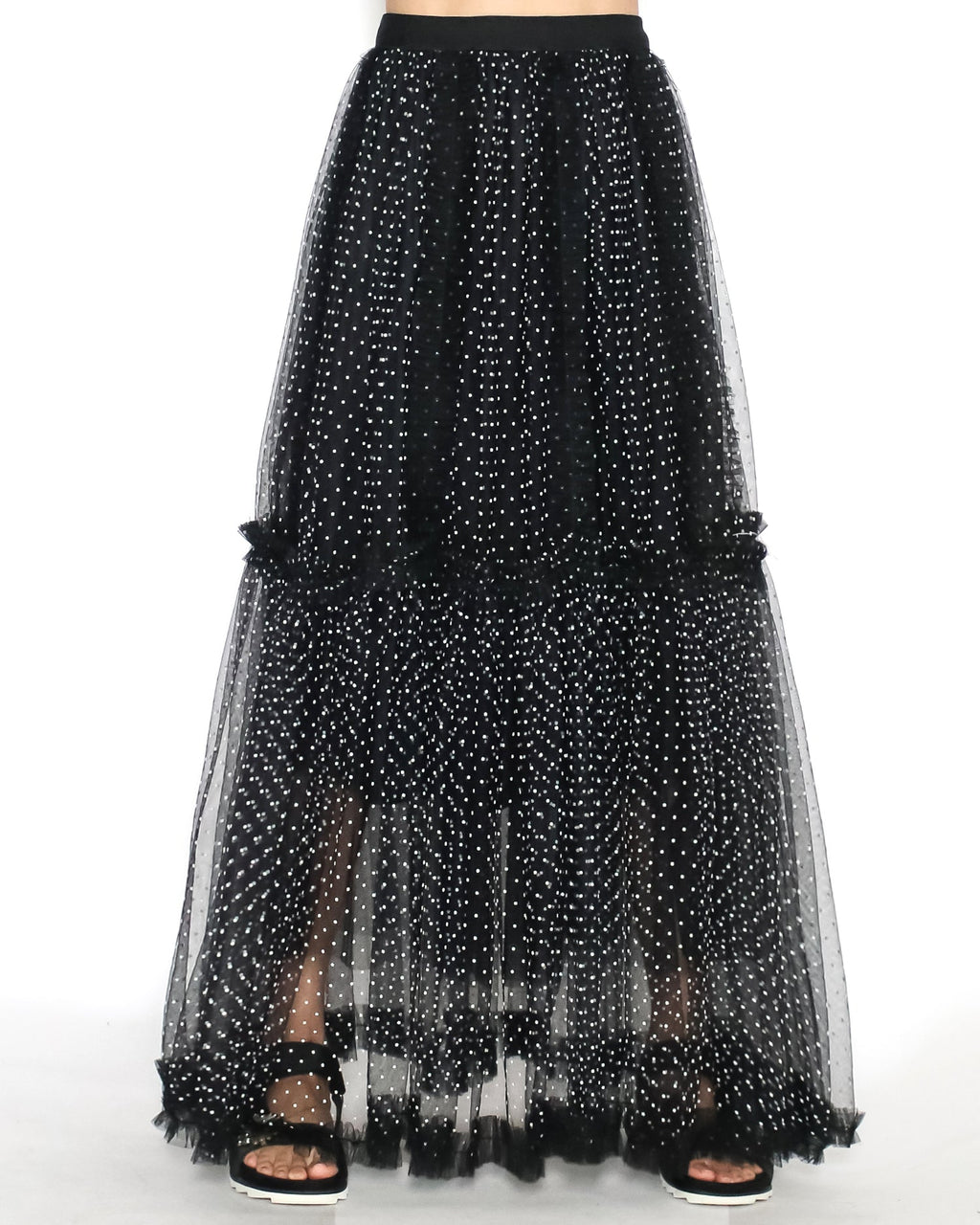 black & ivory polka dots mesh longline skirt *pre-order*
