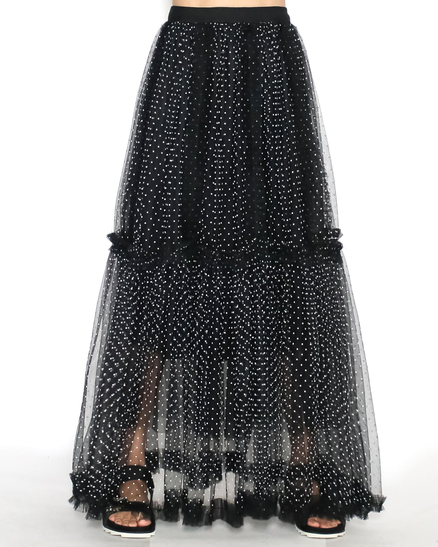 black & ivory polka dots mesh longline skirt *pre-order*