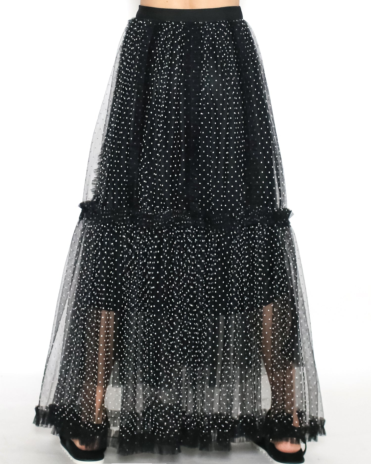 black & ivory polka dots mesh longline skirt *pre-order*
