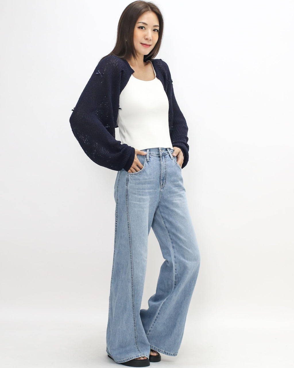 navy w/ ribbon bows fine knitted arm warmer cardigan *pre-order*