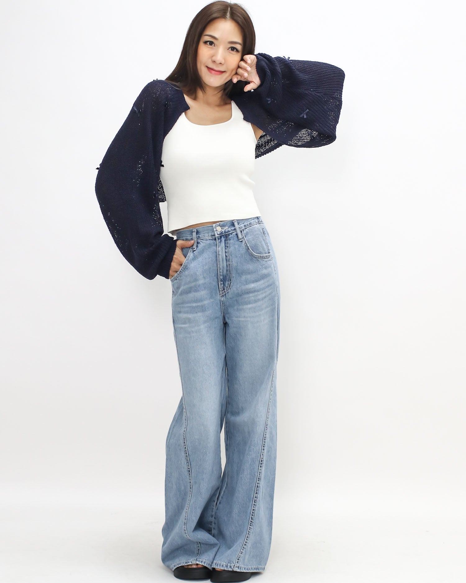 navy w/ ribbon bows fine knitted arm warmer cardigan *pre-order*