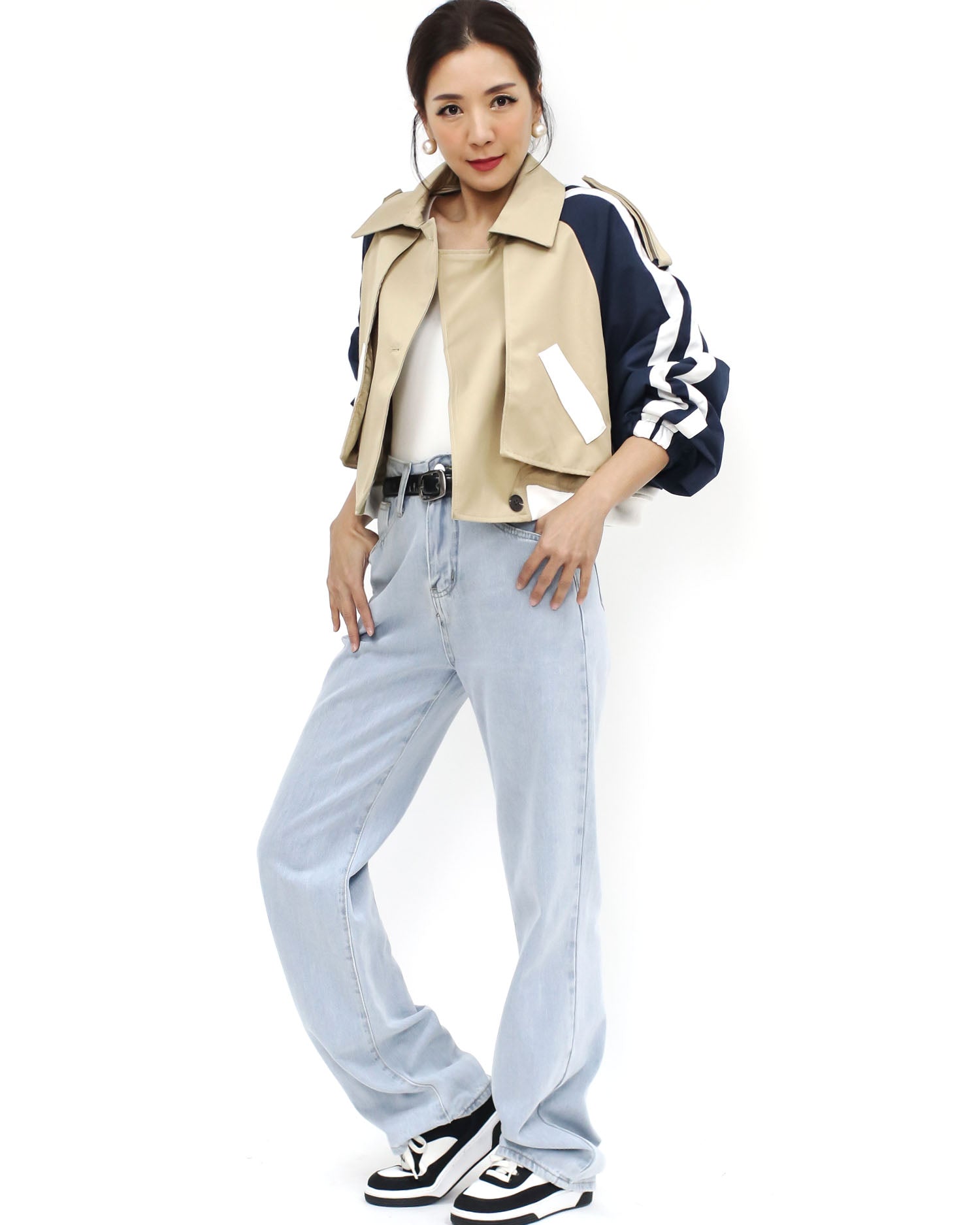 beige twill & navy stripes sleeves printed back jacket *pre-order*
