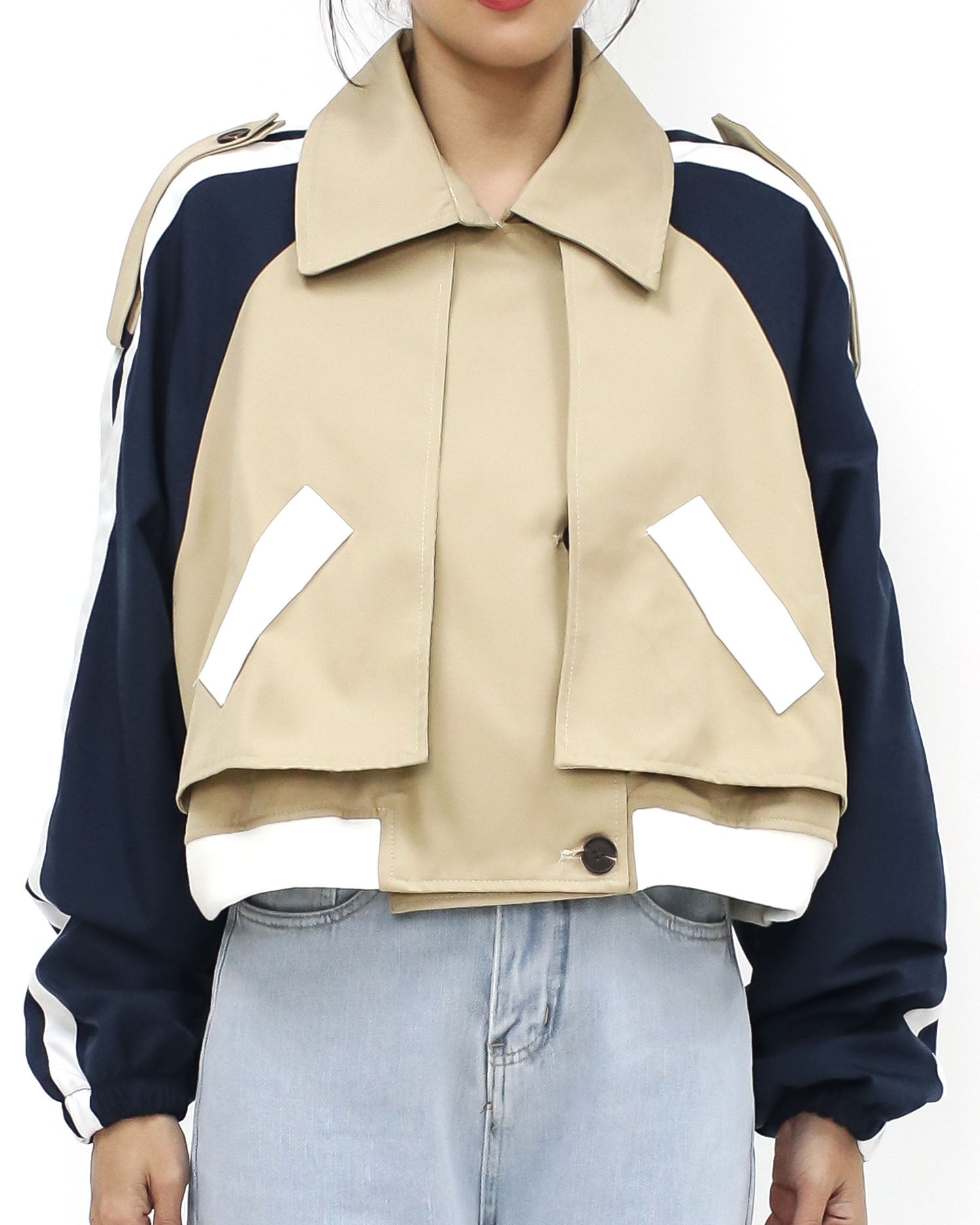beige twill & navy stripes sleeves printed back jacket *pre-order*