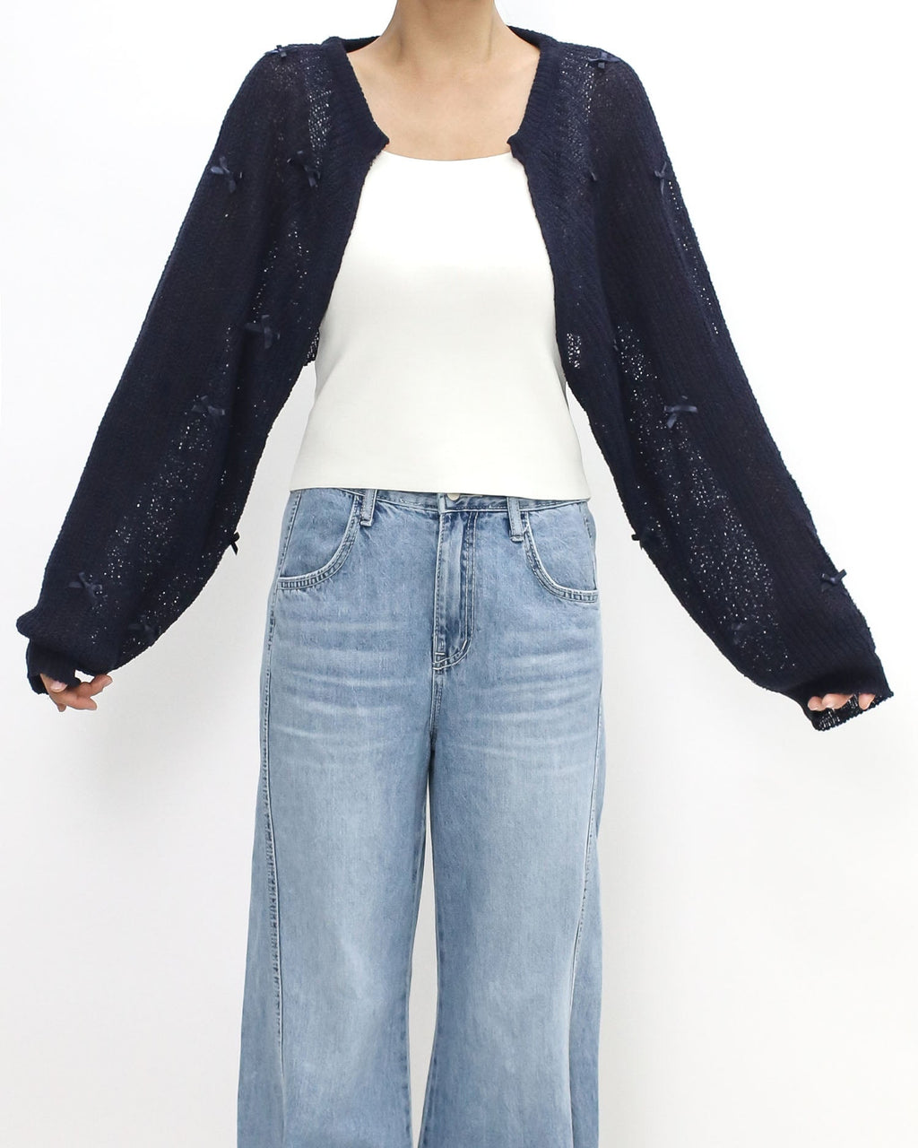 navy w/ ribbon bows fine knitted arm warmer cardigan *pre-order*