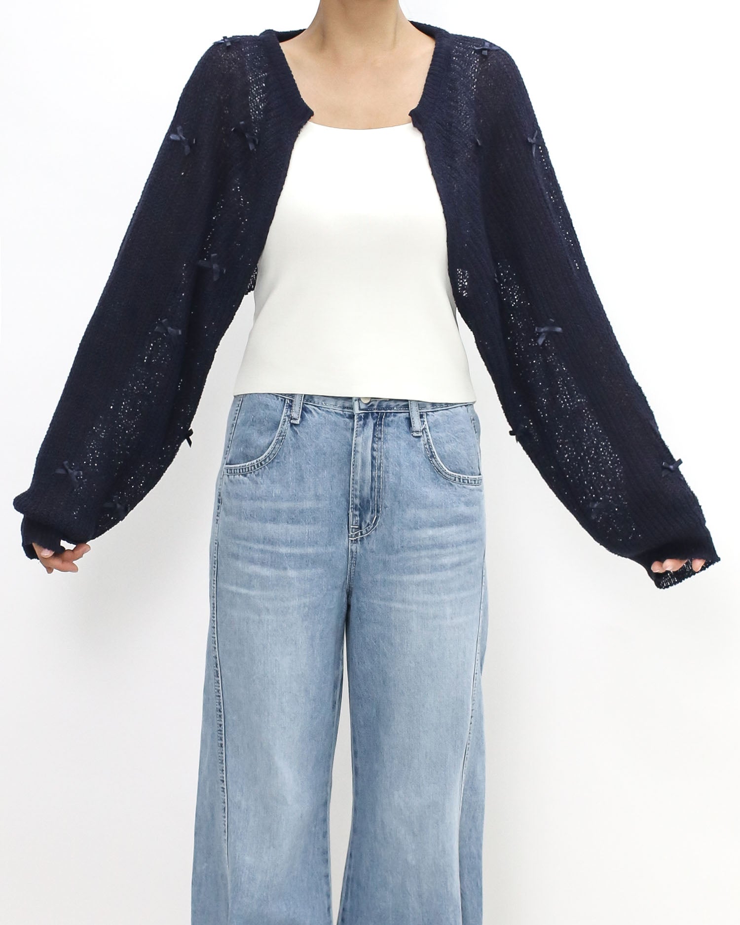 navy w/ ribbon bows fine knitted arm warmer cardigan *pre-order*