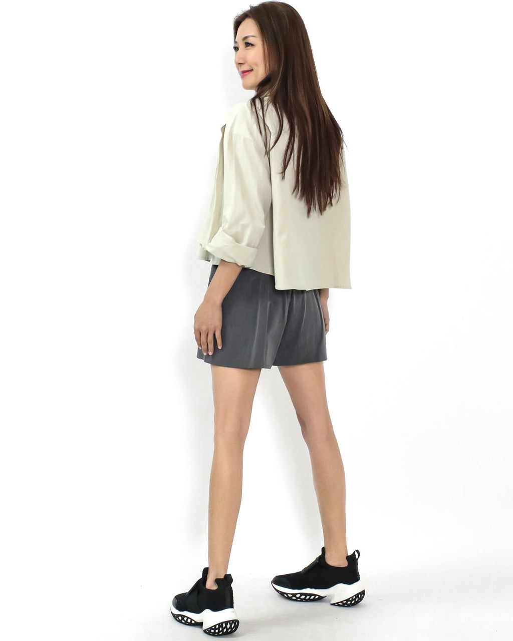 grey pleats front slinky shorts *pre-order*