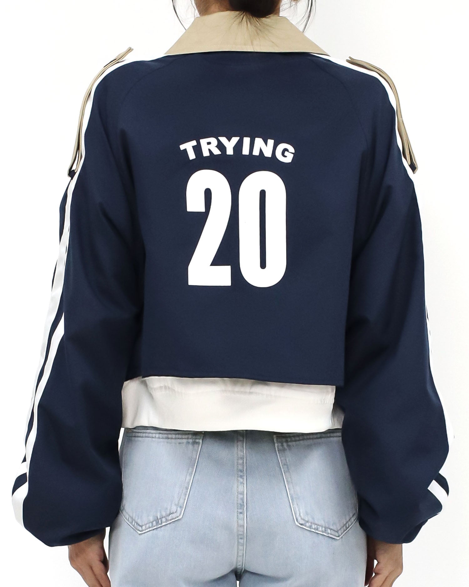 beige twill & navy stripes sleeves printed back jacket *pre-order*