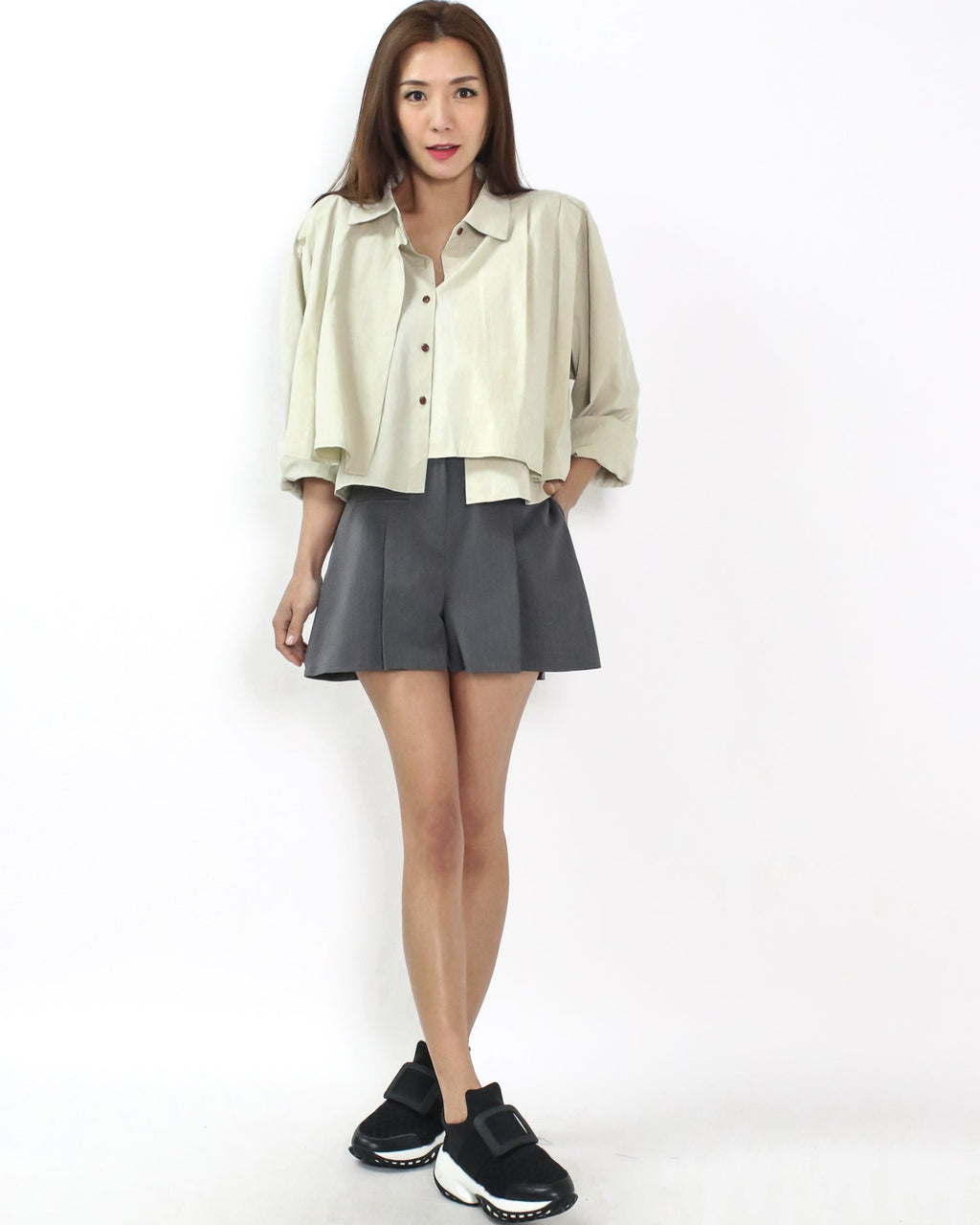 grey pleats front slinky shorts *pre-order*