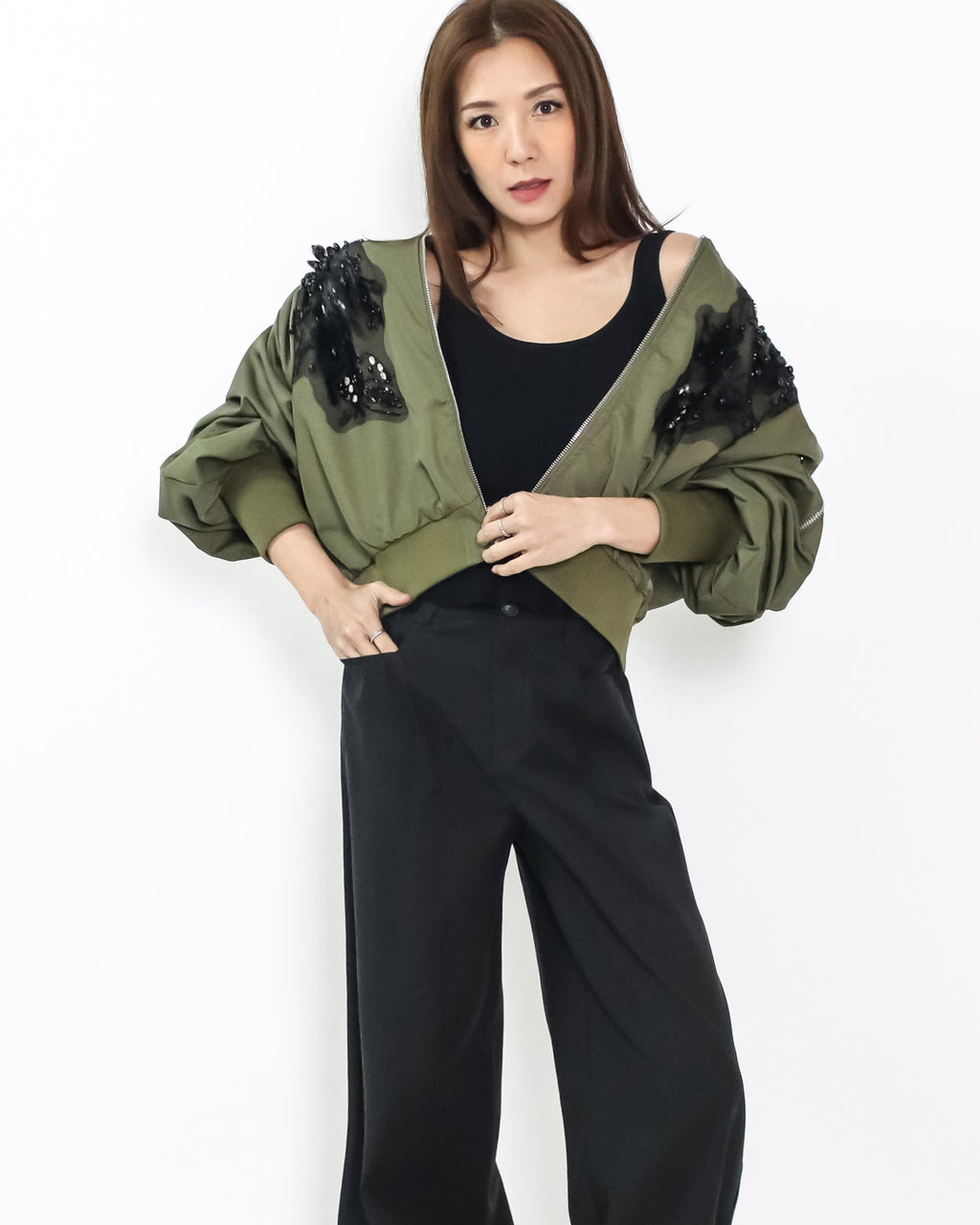 green w/ black mesh beads shoulders jacket *pre-order*