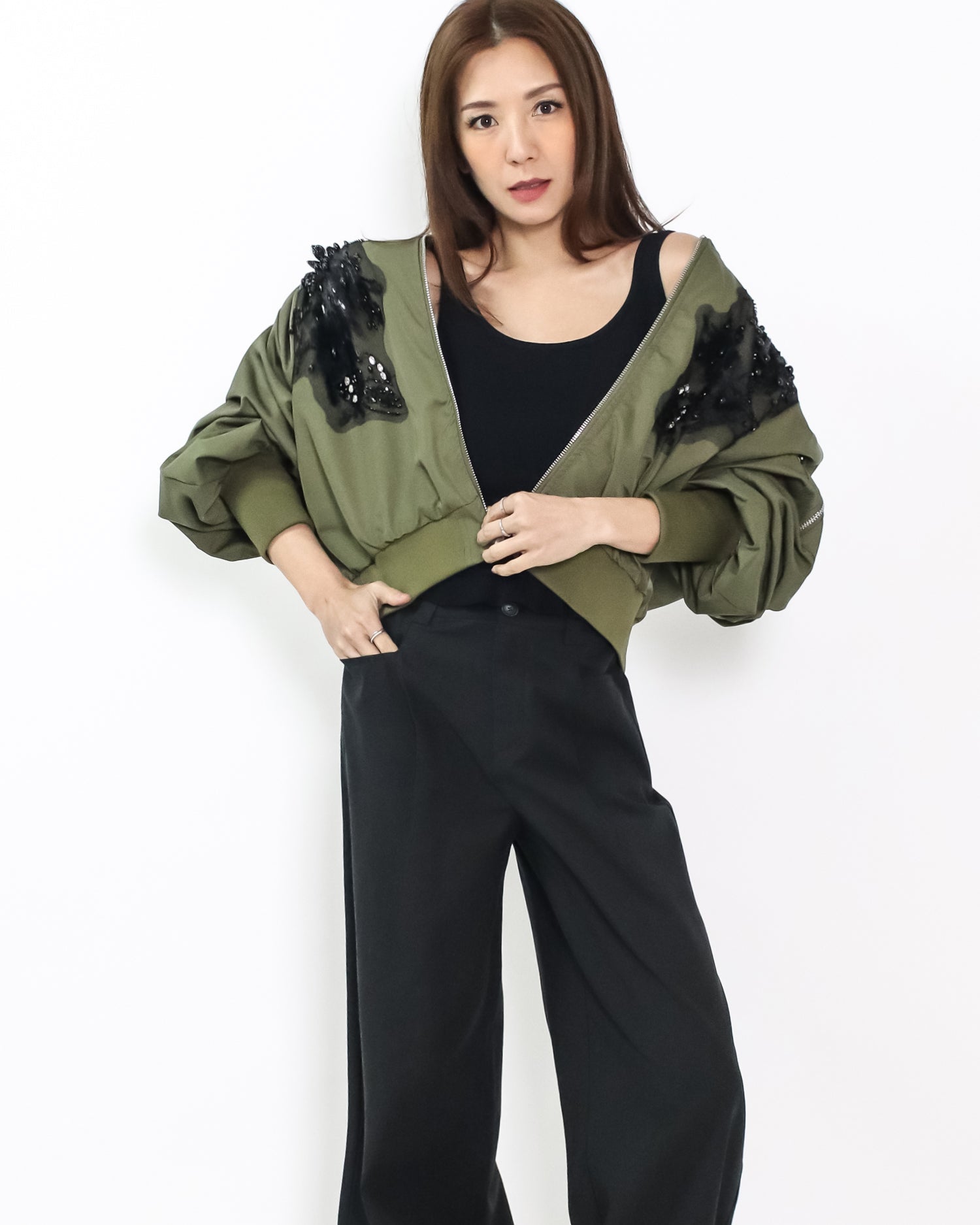 green w/ black mesh beads shoulders jacket *pre-order*